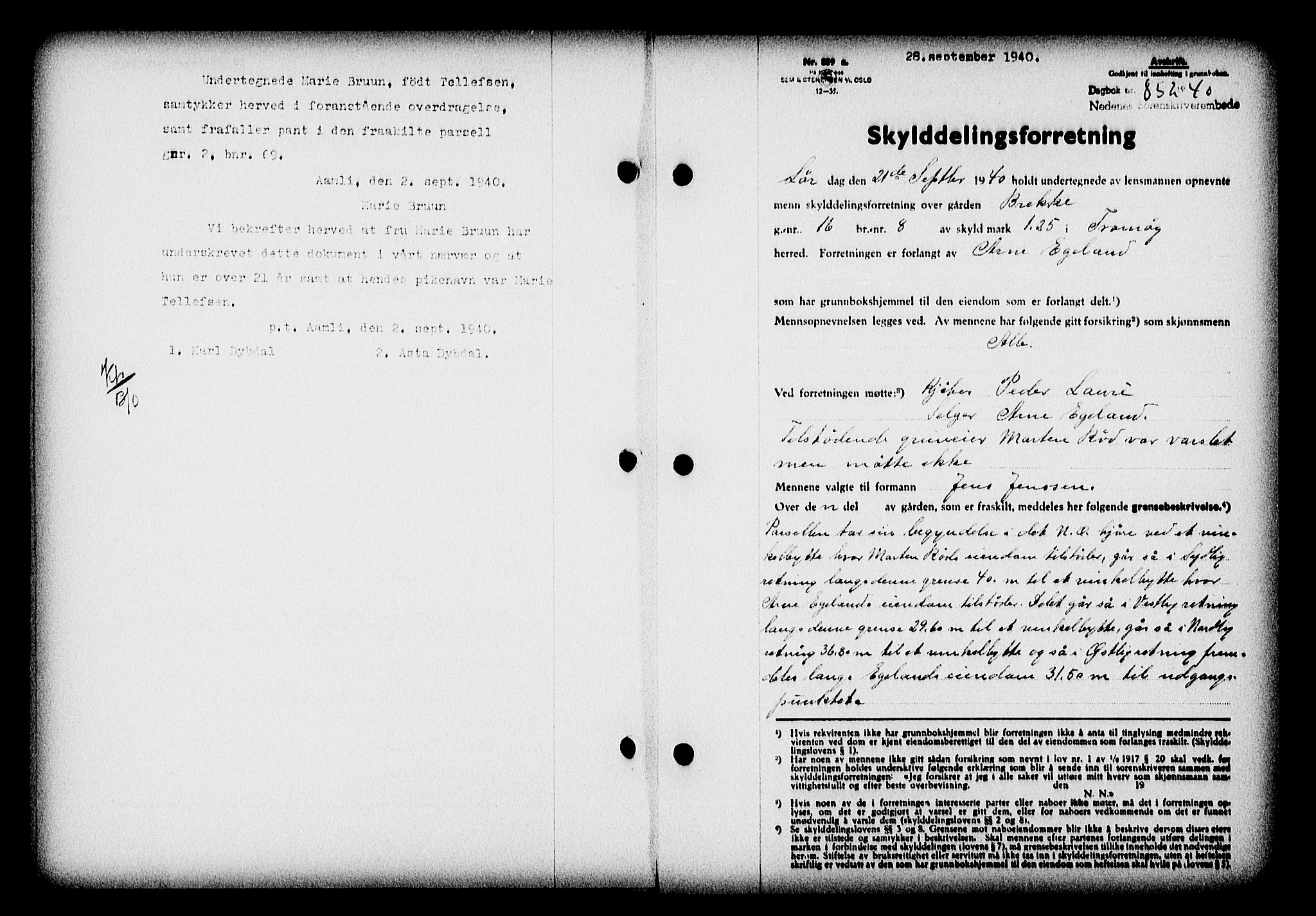 Nedenes sorenskriveri, AV/SAK-1221-0006/G/Gb/Gba/L0047: Pantebok nr. A-I, 1939-1940, Dagboknr: 852/1940