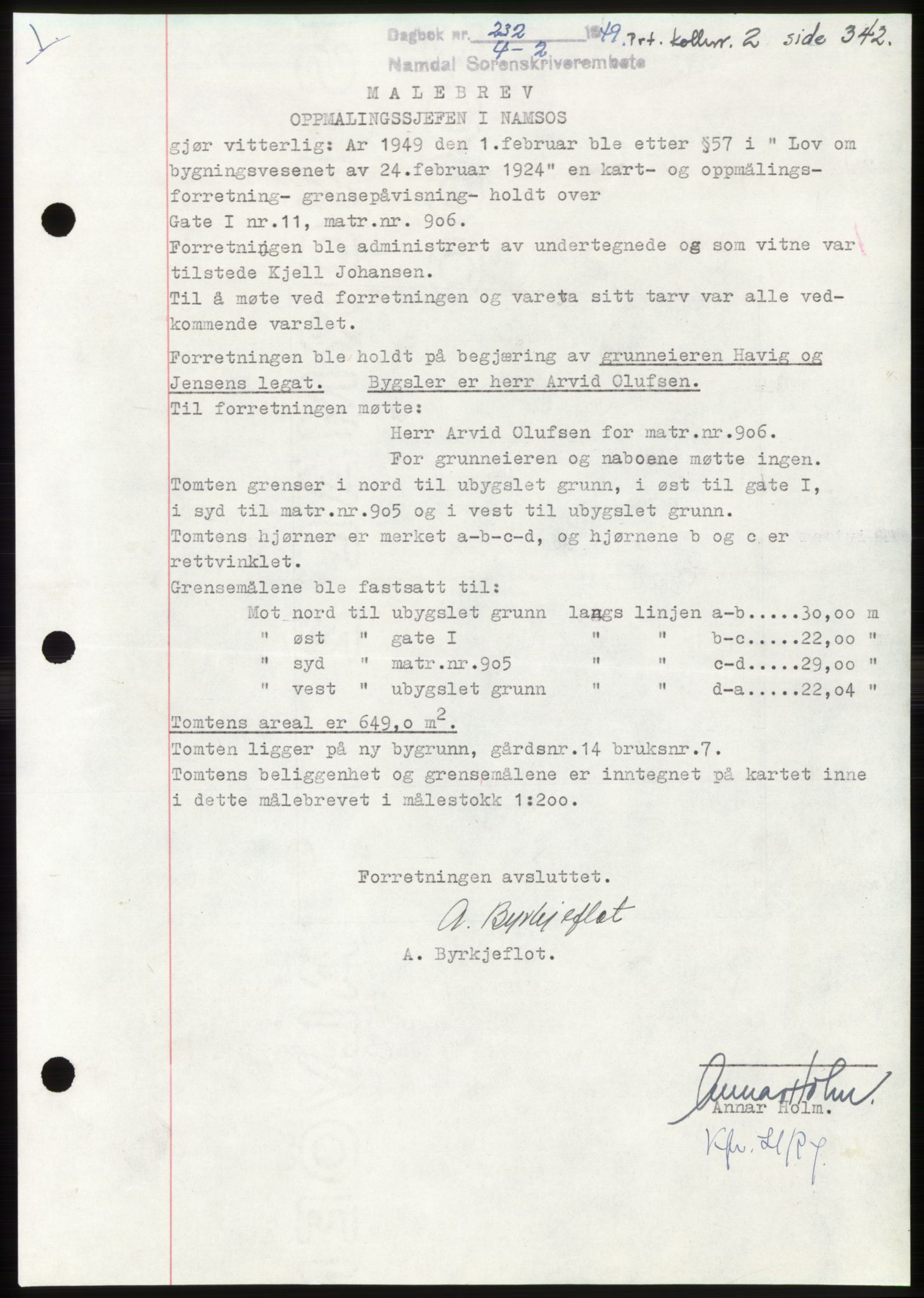 Namdal sorenskriveri, SAT/A-4133/1/2/2C: Pantebok nr. -, 1949-1949, Dagboknr: 232/1949