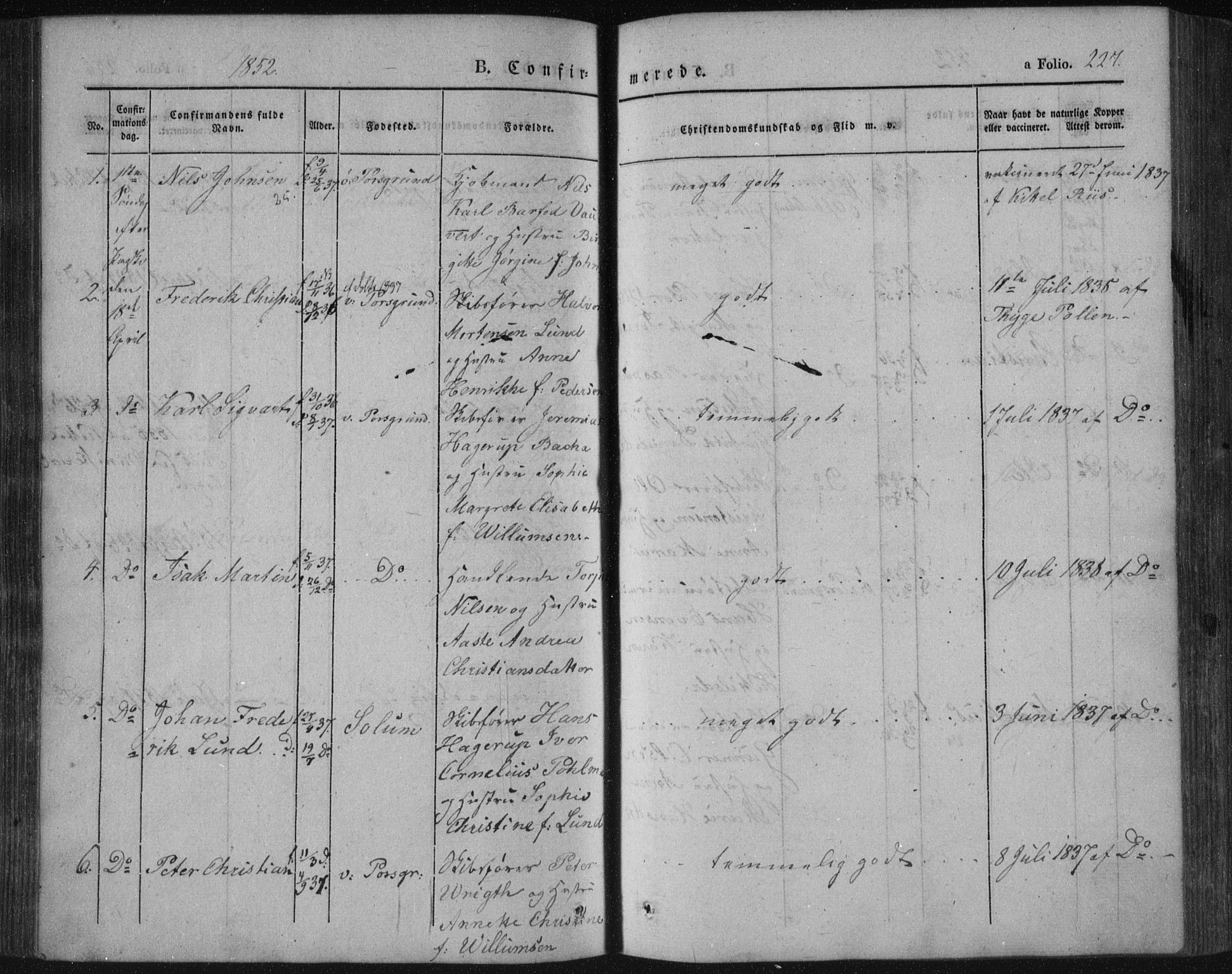 Porsgrunn kirkebøker , AV/SAKO-A-104/F/Fa/L0006: Ministerialbok nr. 6, 1841-1857, s. 227
