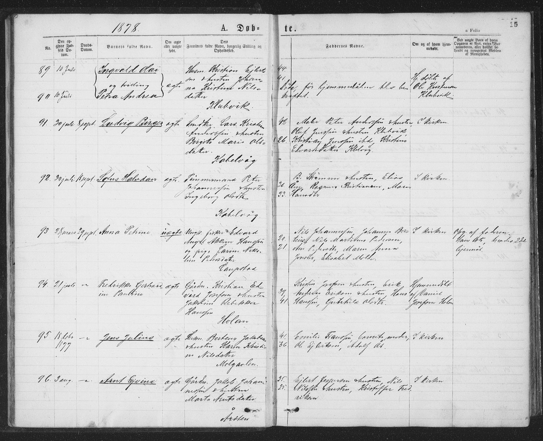 Ministerialprotokoller, klokkerbøker og fødselsregistre - Nordland, AV/SAT-A-1459/874/L1058: Ministerialbok nr. 874A02, 1878-1883, s. 15