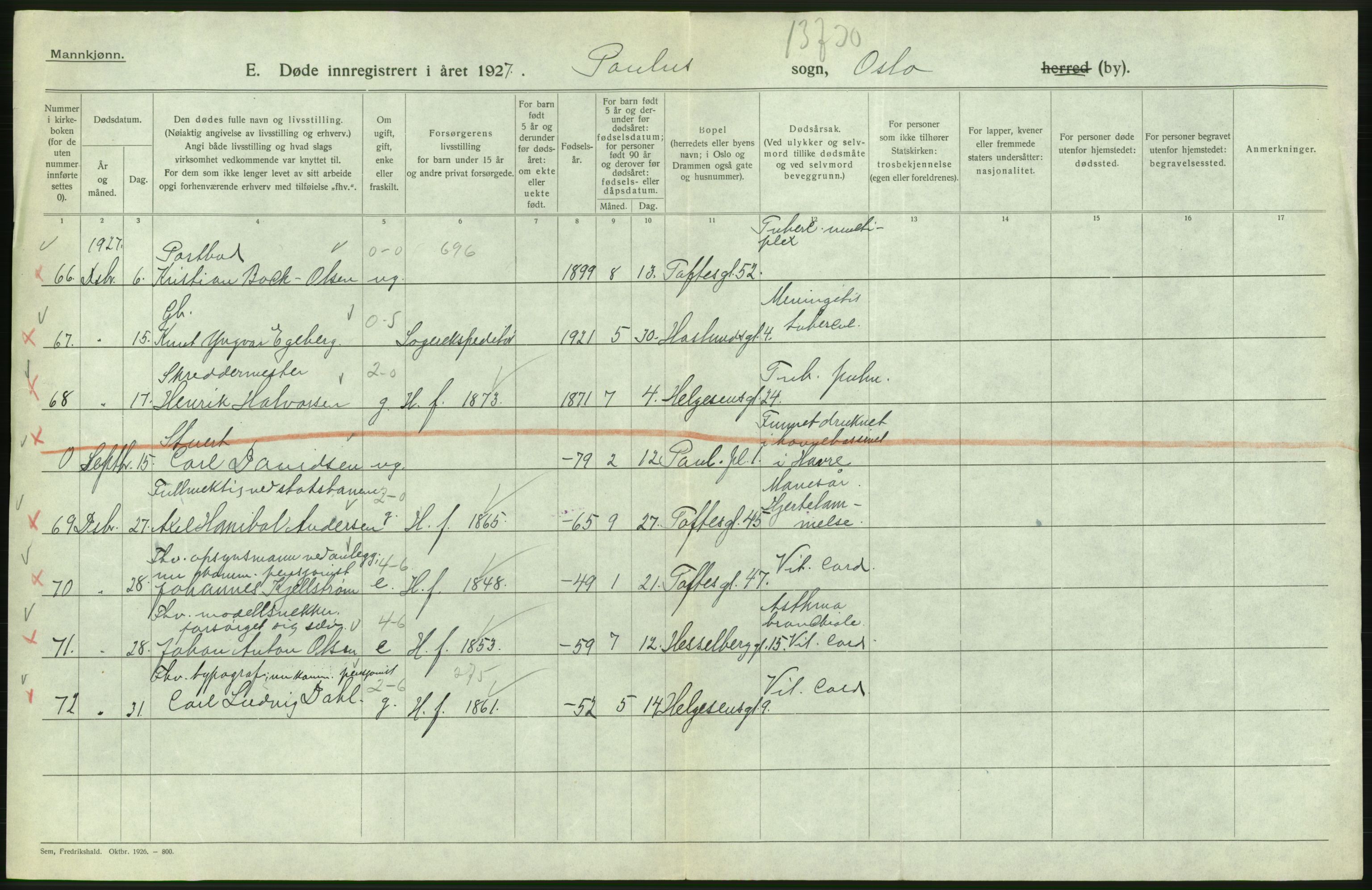 Statistisk sentralbyrå, Sosiodemografiske emner, Befolkning, AV/RA-S-2228/D/Df/Dfc/Dfcg/L0009: Oslo: Døde menn, 1927, s. 370