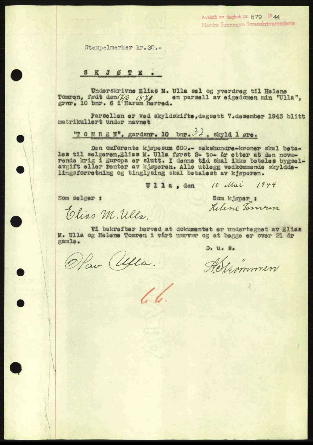 Nordre Sunnmøre sorenskriveri, AV/SAT-A-0006/1/2/2C/2Ca: Pantebok nr. A17, 1943-1944, Dagboknr: 579/1944