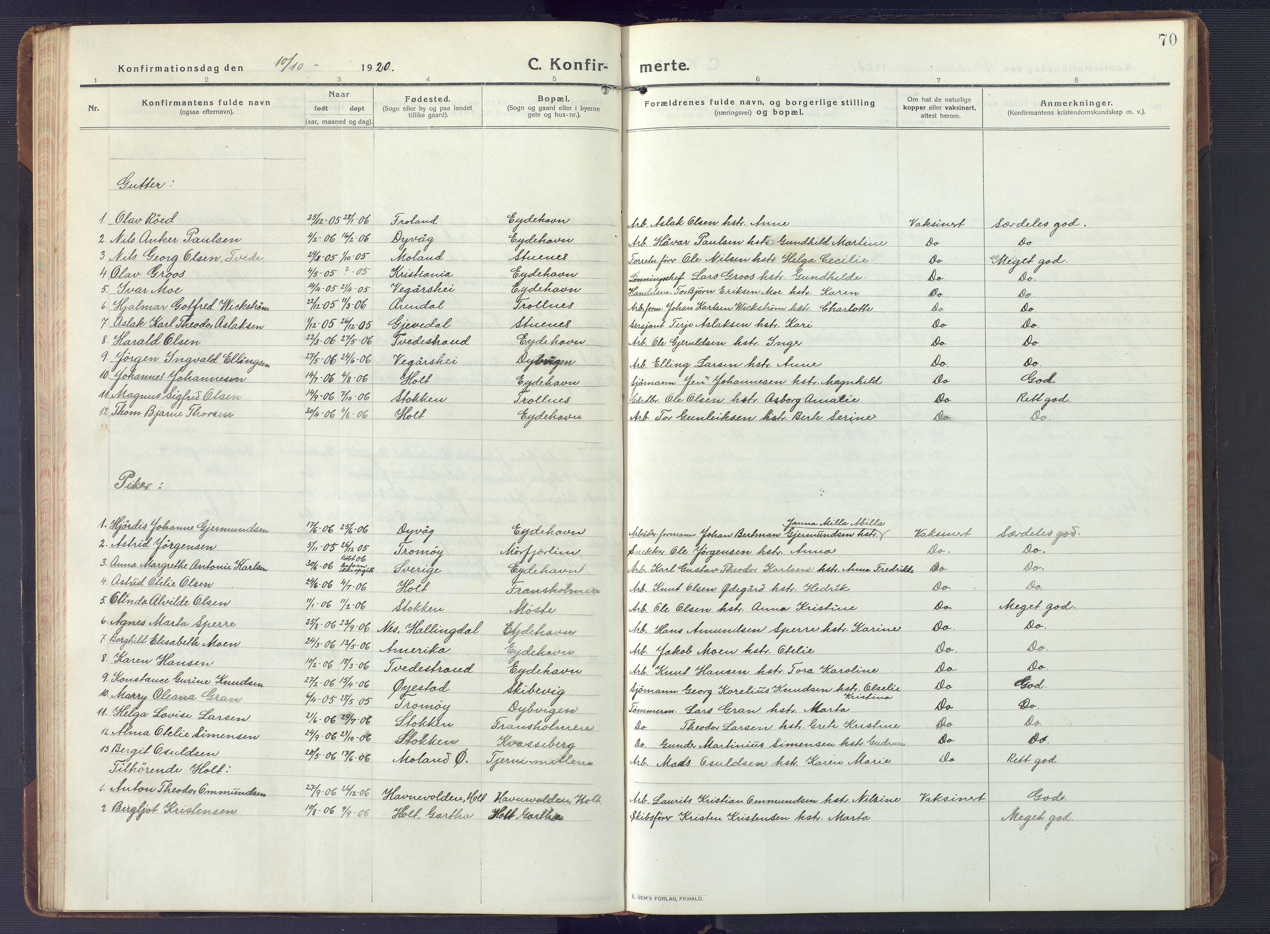 Austre Moland sokneprestkontor, SAK/1111-0001/F/Fb/Fbb/L0004: Klokkerbok nr. B 4, 1914-1929, s. 70