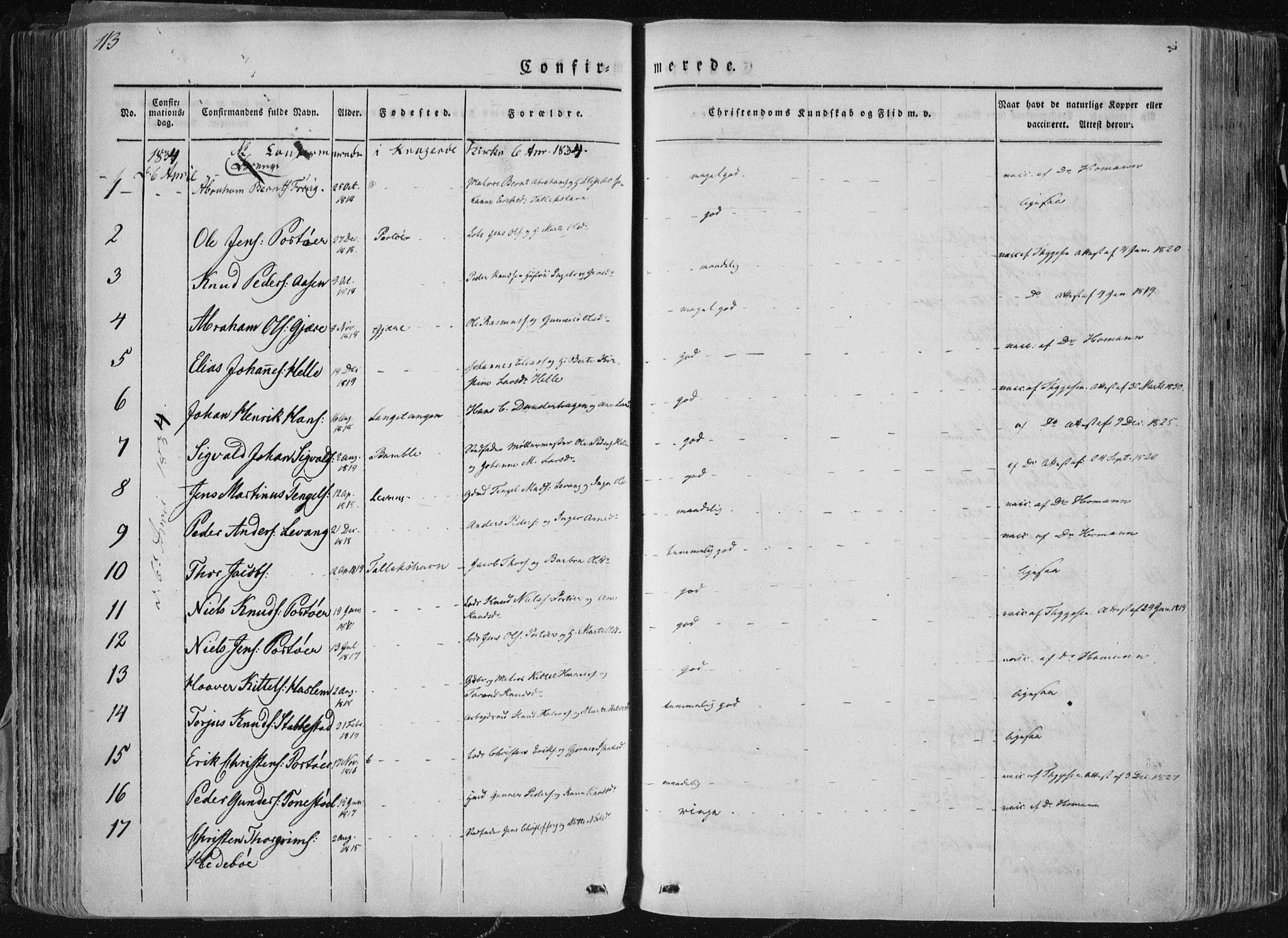 Sannidal kirkebøker, AV/SAKO-A-296/F/Fa/L0007: Ministerialbok nr. 7, 1831-1854, s. 113