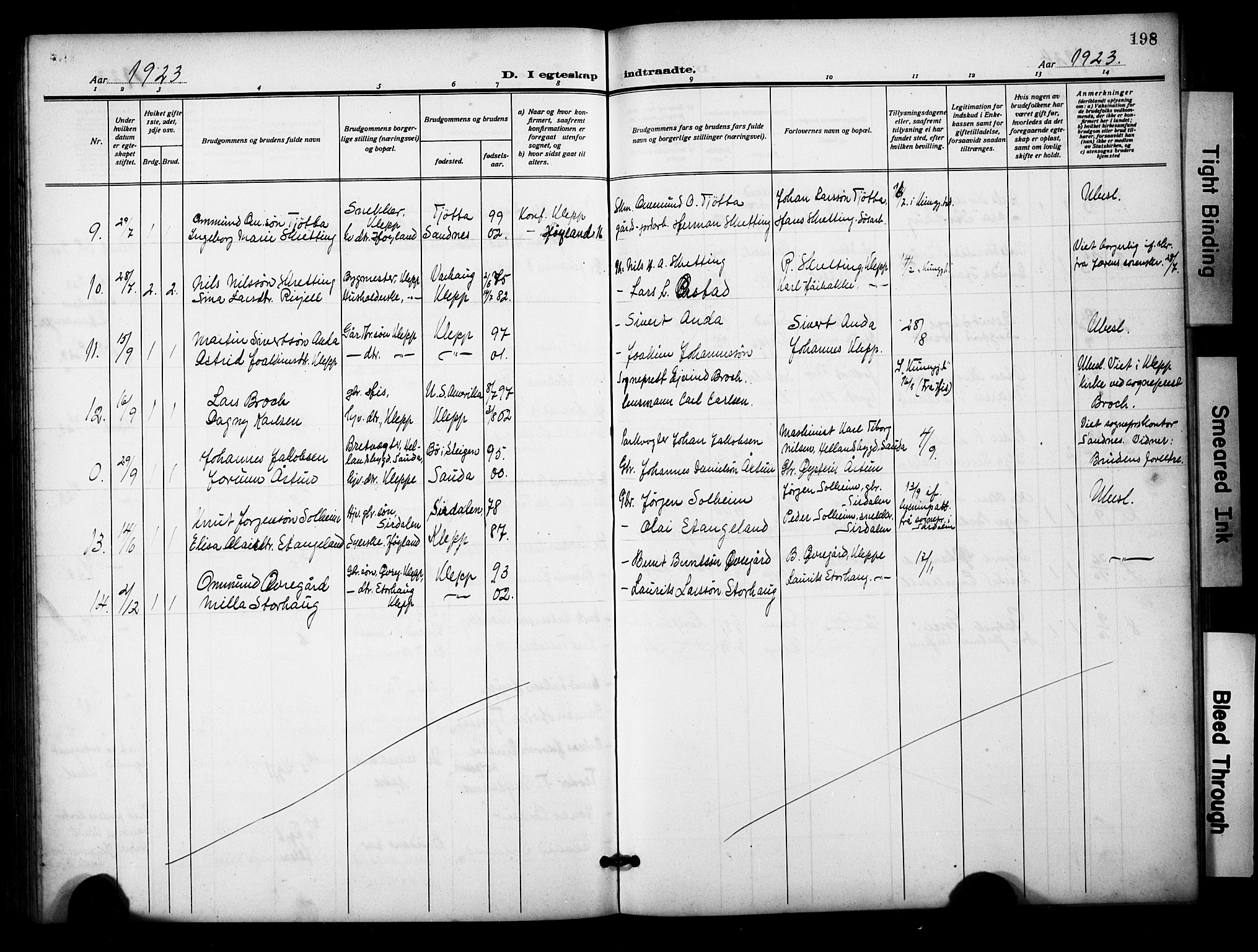 Klepp sokneprestkontor, AV/SAST-A-101803/001/3/30BB/L0007: Klokkerbok nr. B 7, 1908-1934, s. 198