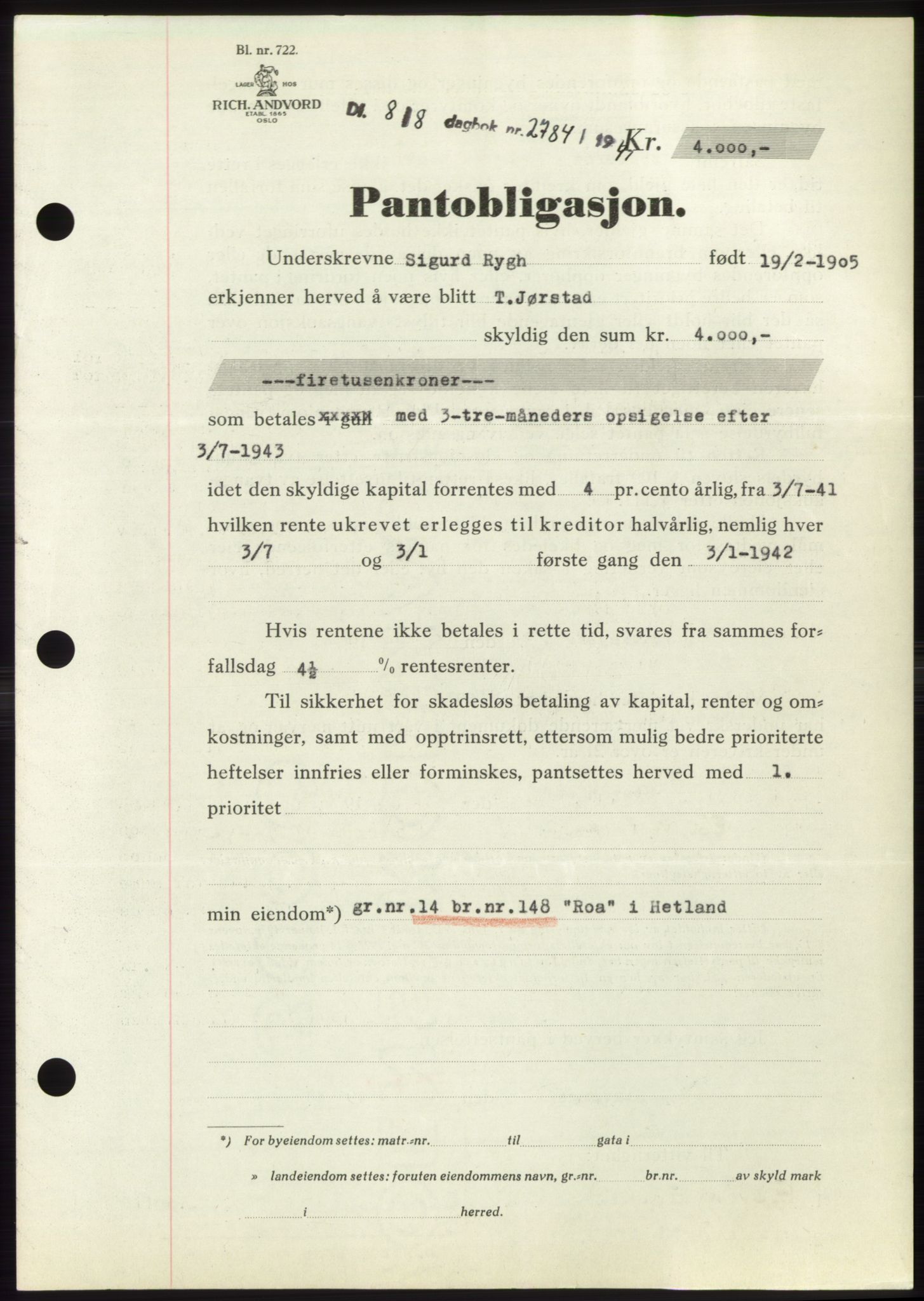 Jæren sorenskriveri, SAST/A-100310/03/G/Gba/L0080: Pantebok, 1941-1941, Dagboknr: 2784/1941
