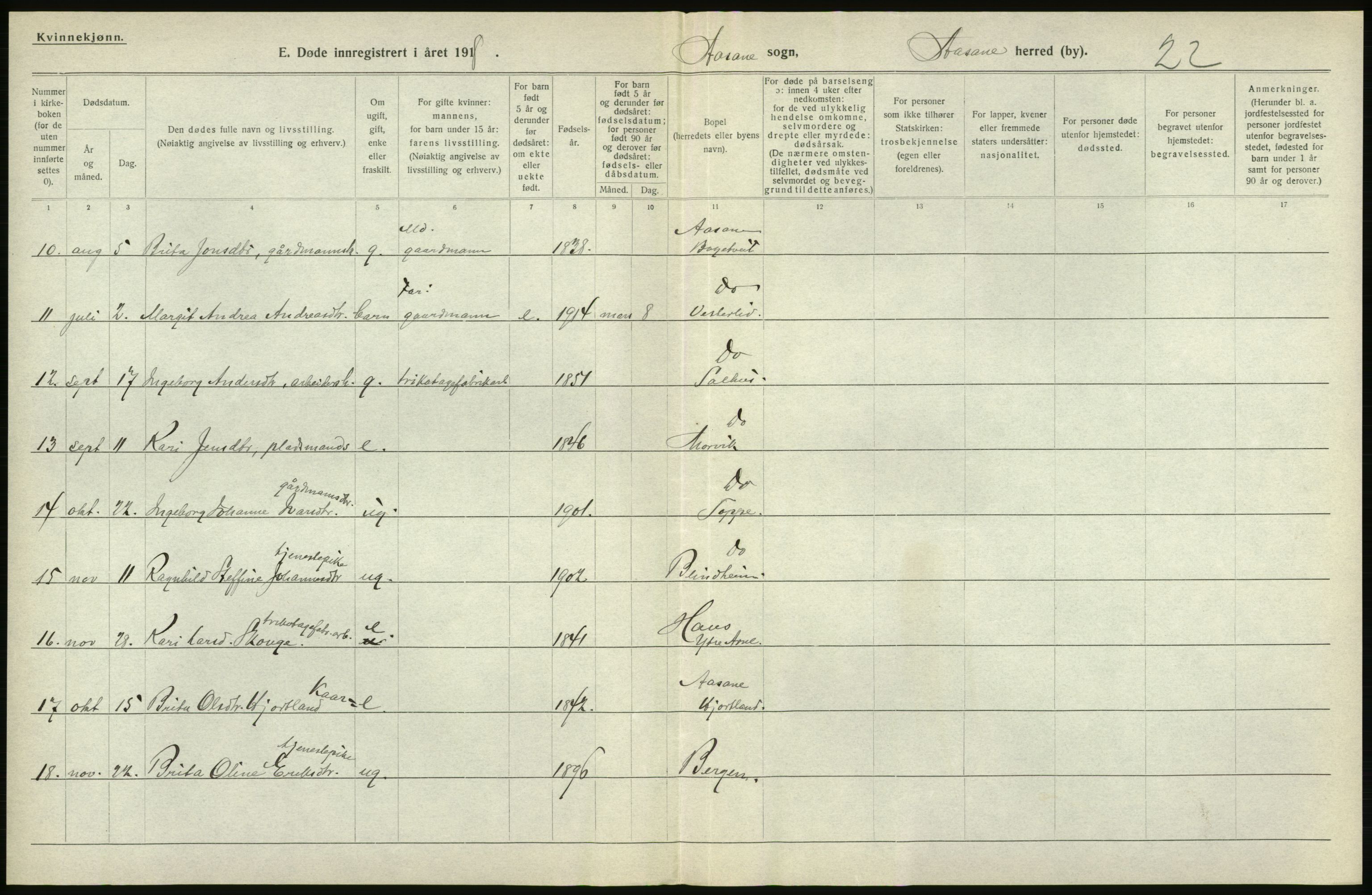 Statistisk sentralbyrå, Sosiodemografiske emner, Befolkning, RA/S-2228/D/Df/Dfb/Dfbh/L0036: Hordaland fylke: Døde., 1918, s. 562