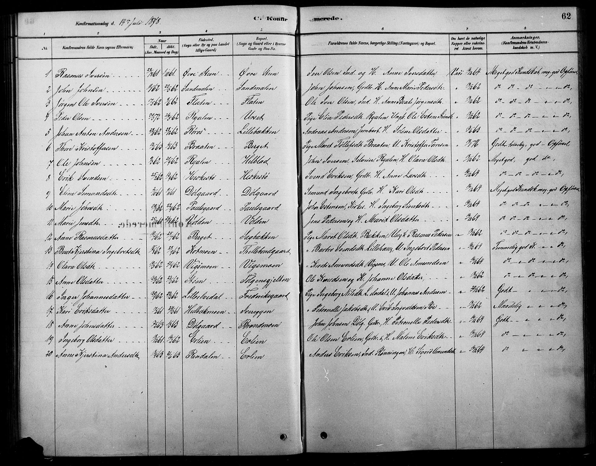 Tolga prestekontor, AV/SAH-PREST-062/L/L0007: Klokkerbok nr. 7, 1878-1919, s. 62