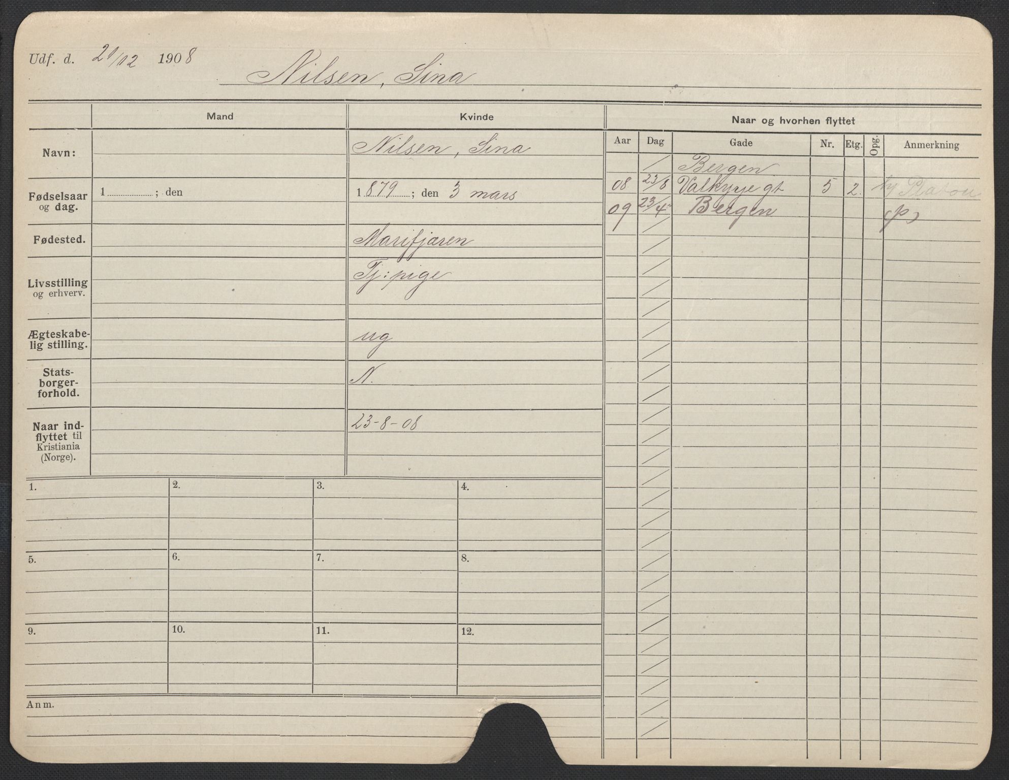 Oslo folkeregister, Registerkort, AV/SAO-A-11715/F/Fa/Fac/L0021: Kvinner, 1906-1914, s. 494a