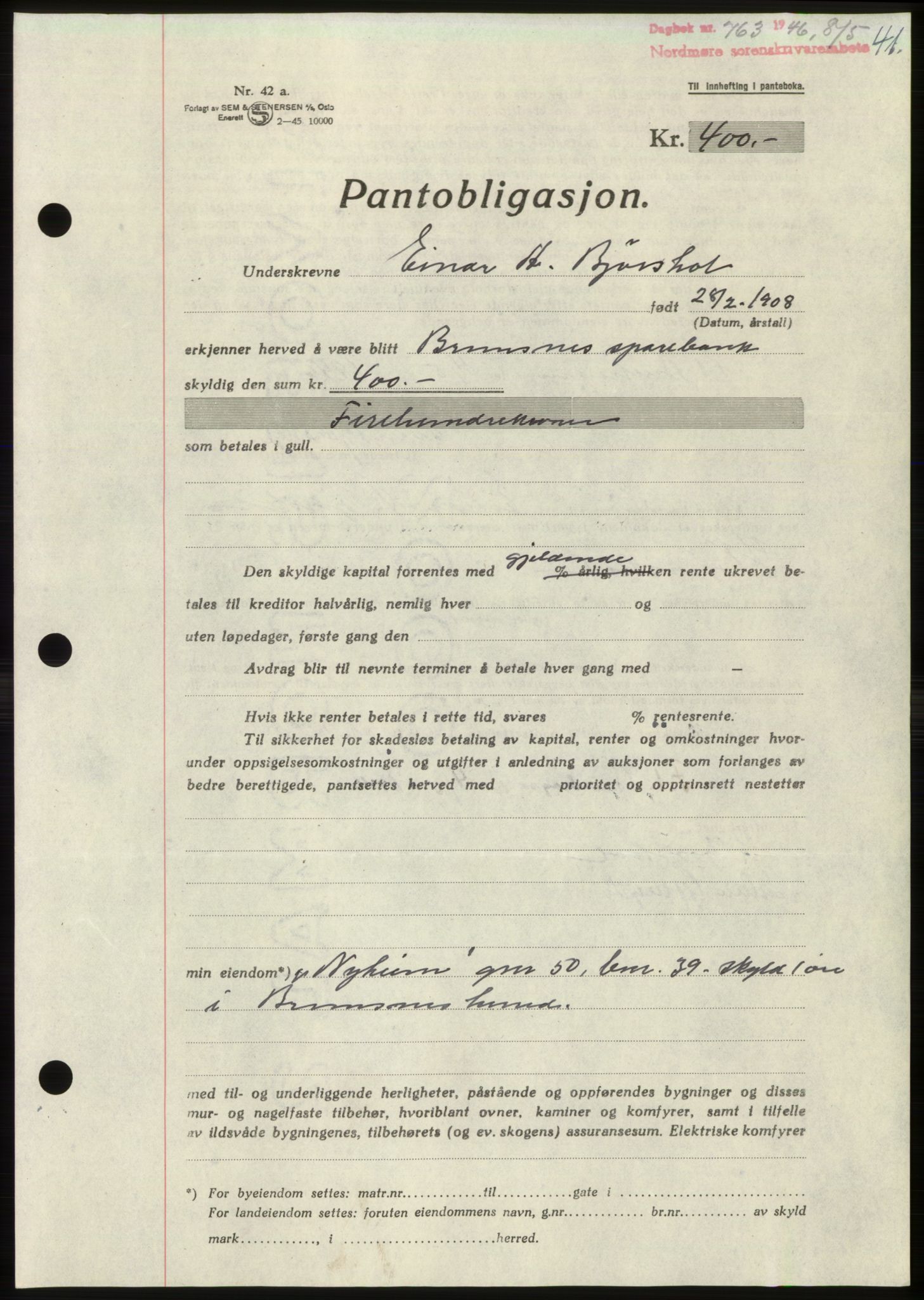 Nordmøre sorenskriveri, SAT/A-4132/1/2/2Ca: Pantebok nr. B94, 1946-1946, Dagboknr: 763/1946