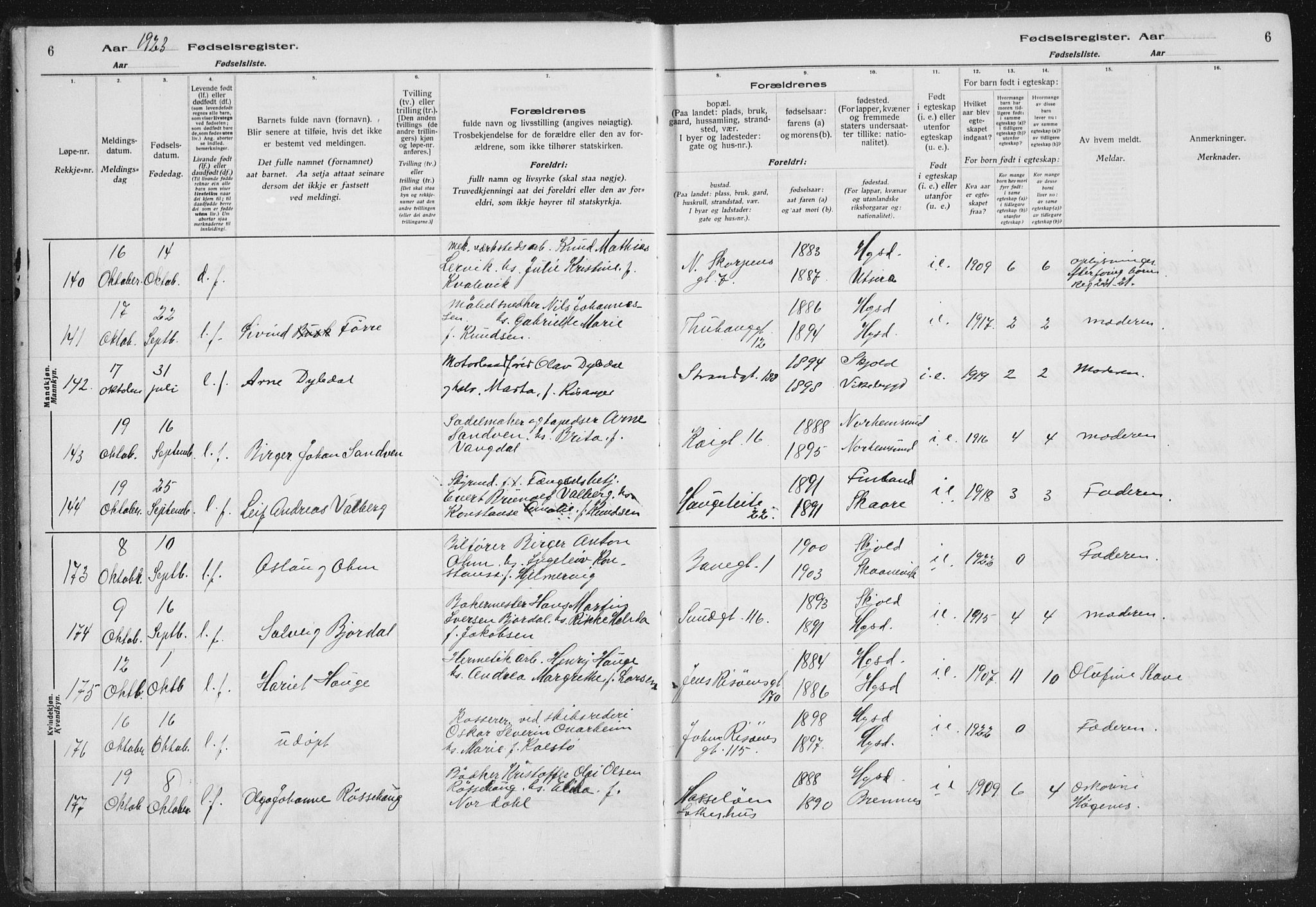 Haugesund sokneprestkontor, AV/SAST-A -101863/I/Id/L0005: Fødselsregister nr. 3, 1923-1929, s. 6