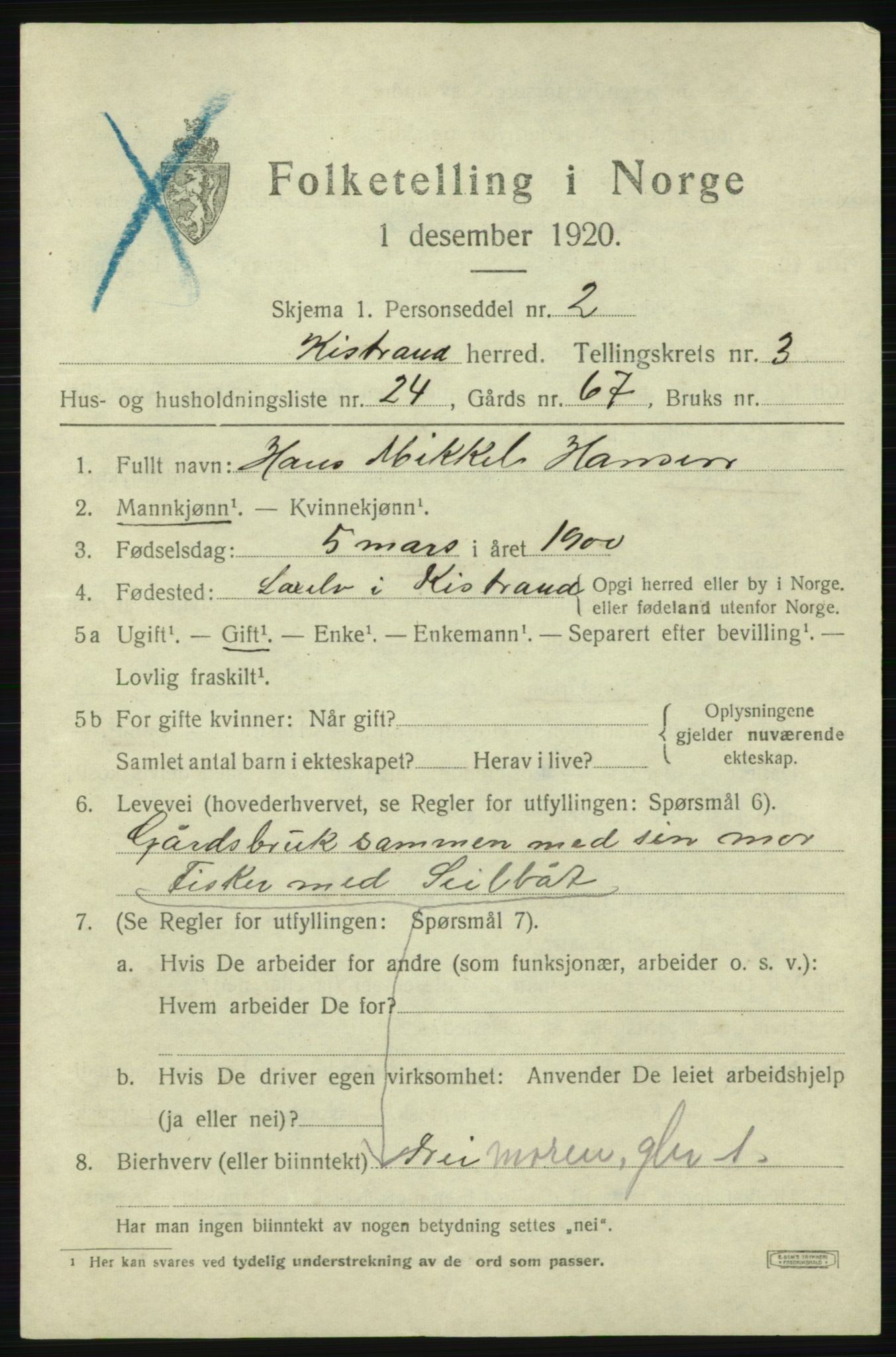 SATØ, Folketelling 1920 for 2020 Kistrand herred, 1920, s. 2116