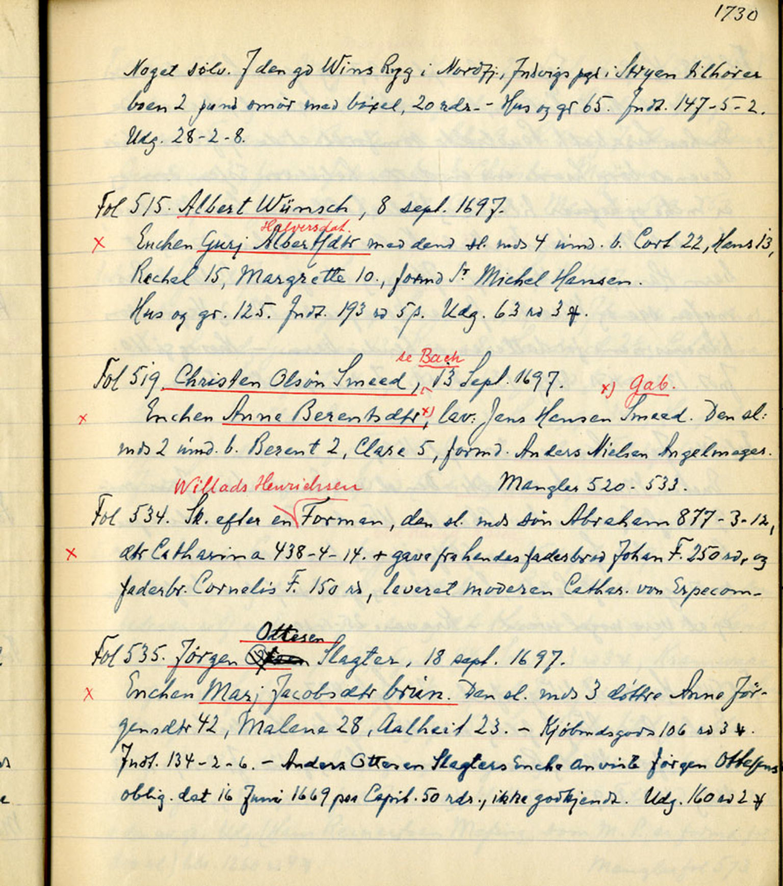 Sollied, Olaf og Thora - samlinger, AV/SAB-SAB/DA-0401/01/L0011/0002: Skifte: Utdrag av registreringsprotokoll / 97 Skifte: utdrag av registreringsprotokoll, 1696-1722, s. 1730