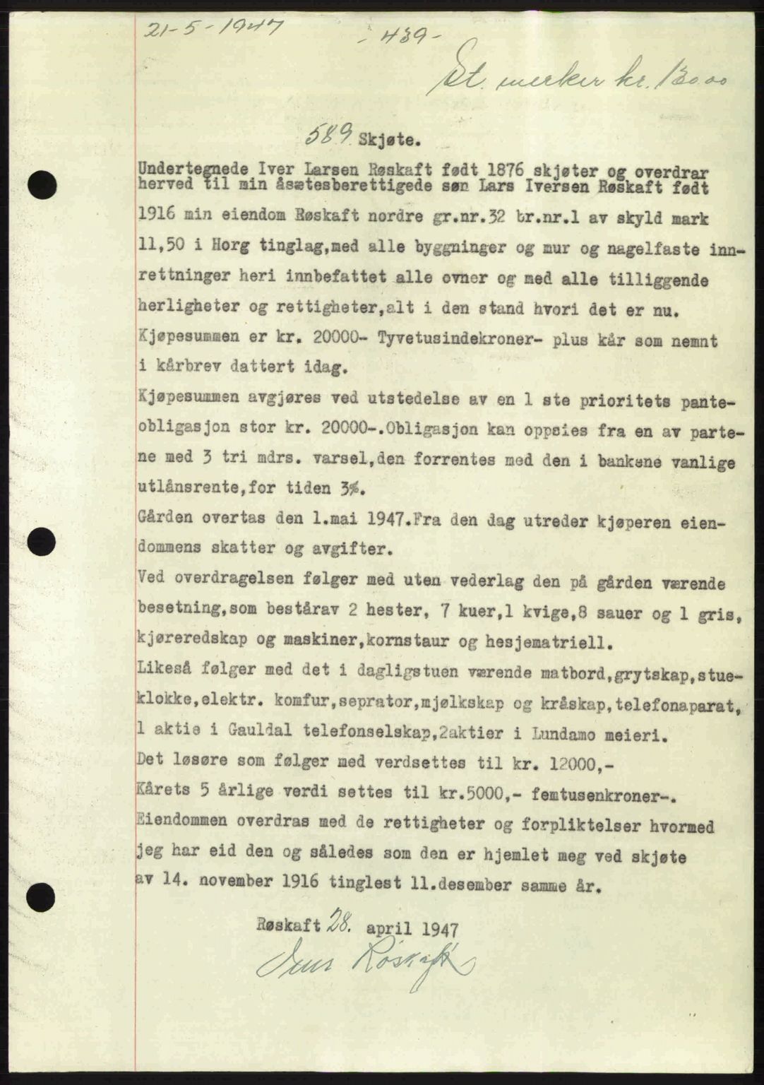 Gauldal sorenskriveri, SAT/A-0014/1/2/2C: Pantebok nr. A3, 1947-1947, Dagboknr: 589/1947