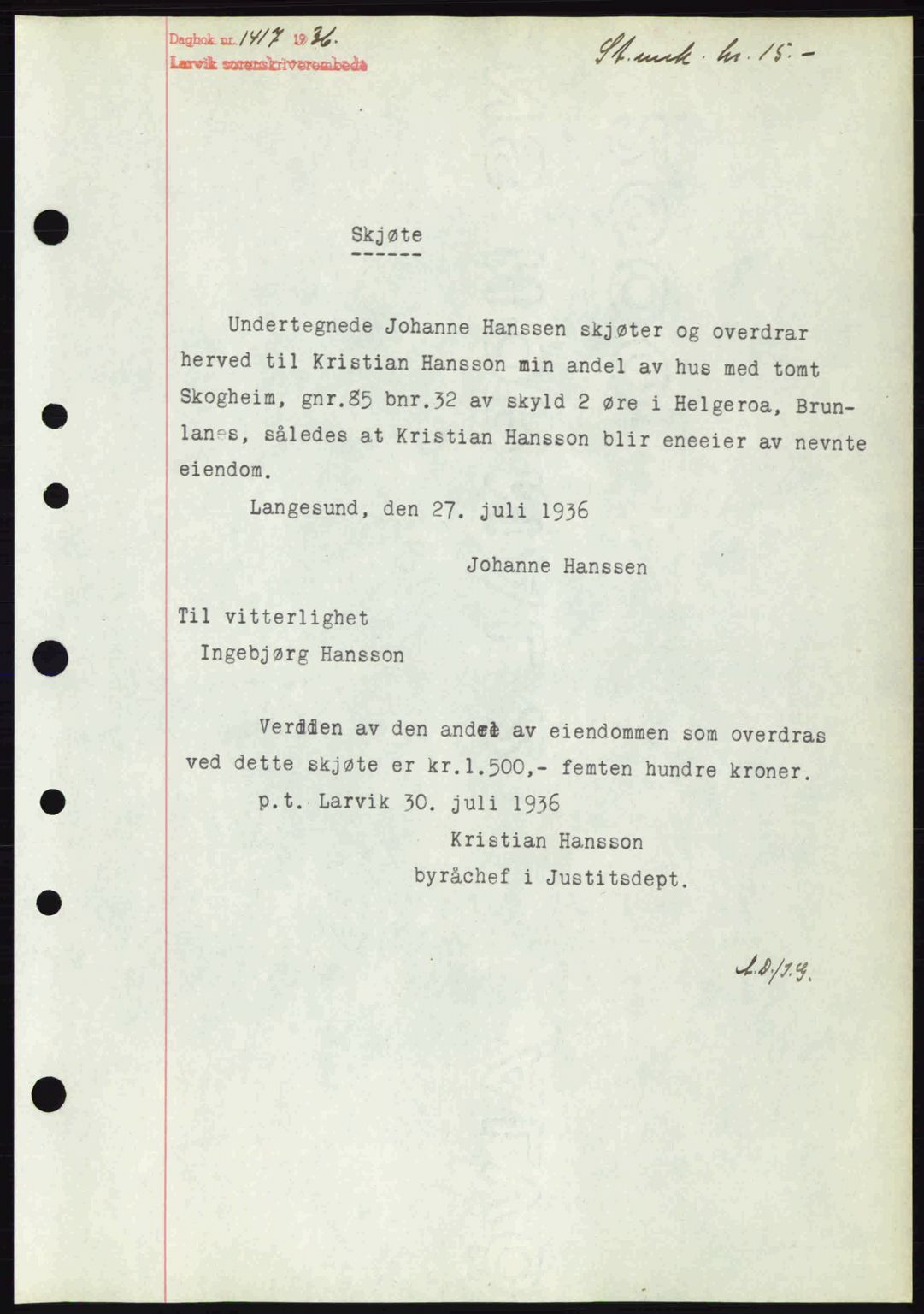Larvik sorenskriveri, SAKO/A-83/G/Ga/Gab/L0067: Pantebok nr. A-1, 1936-1937, Dagboknr: 1417/1936