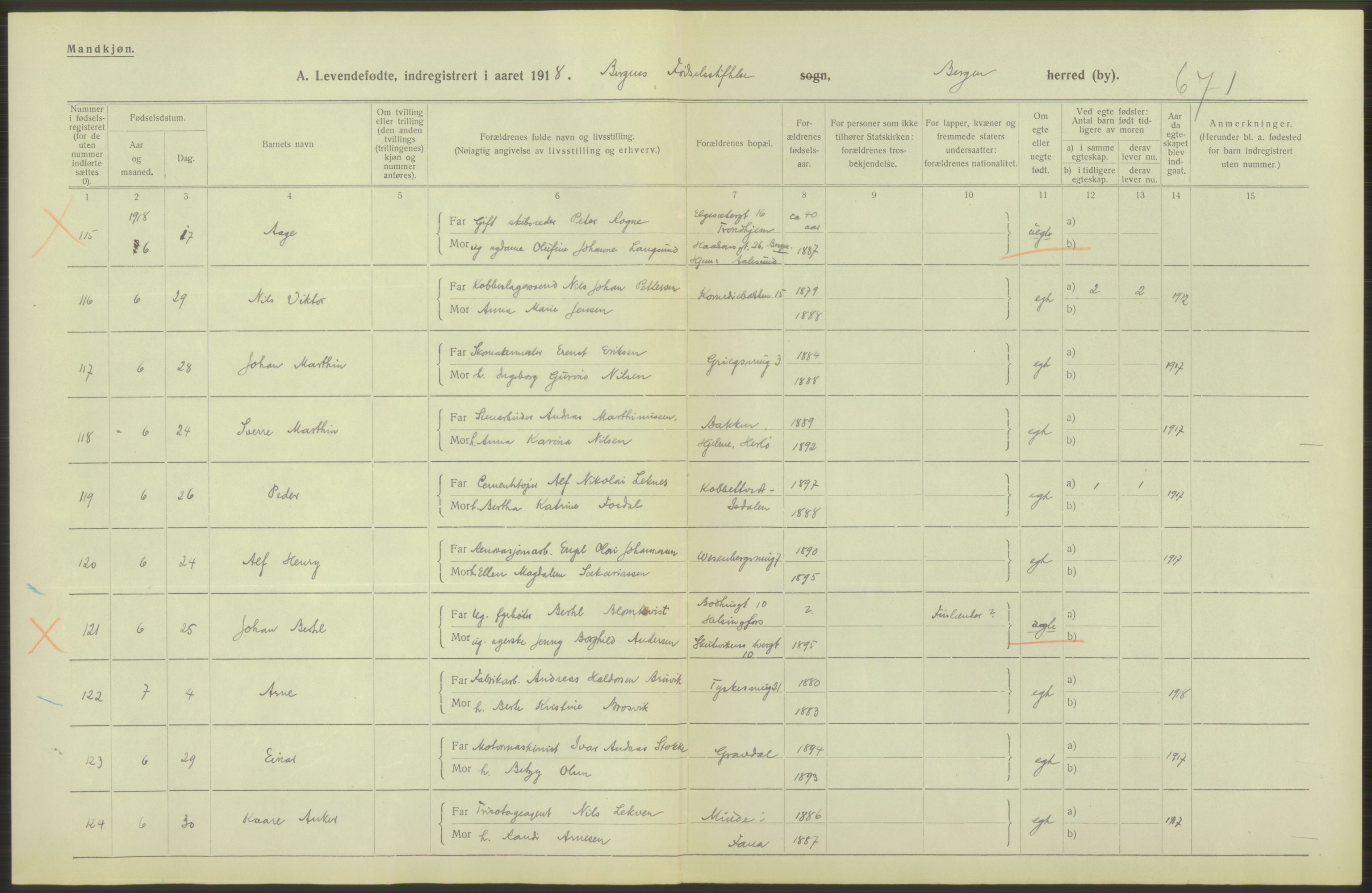 Statistisk sentralbyrå, Sosiodemografiske emner, Befolkning, AV/RA-S-2228/D/Df/Dfb/Dfbh/L0037: Bergen: Levendefødte menn og kvinner., 1918, s. 68