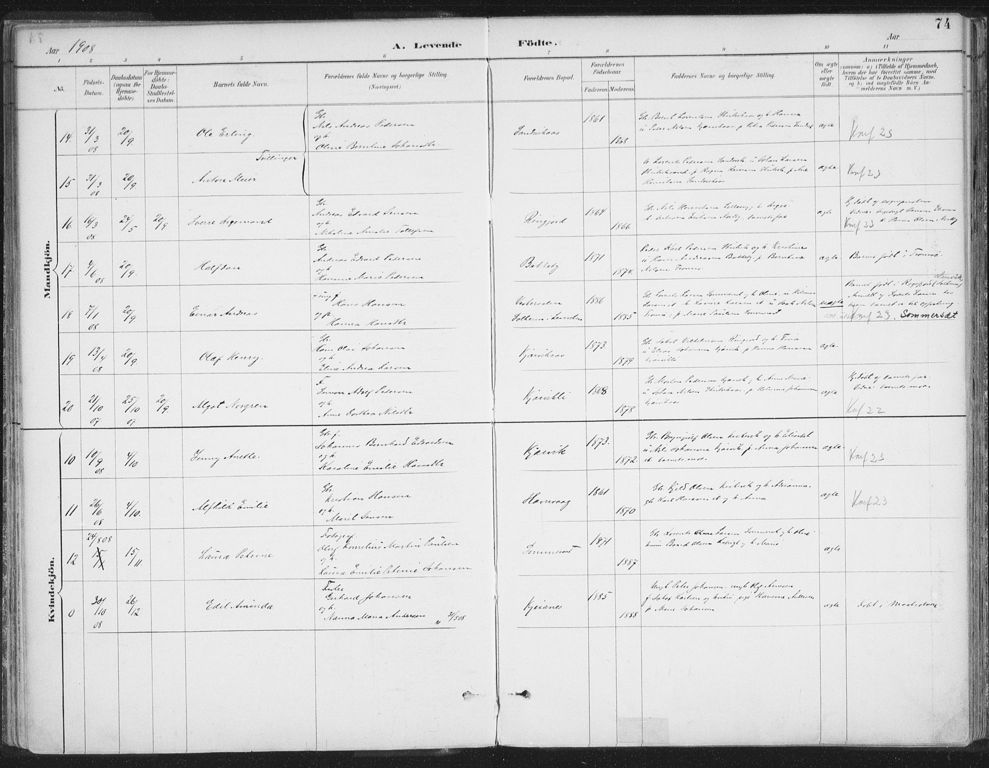 Balsfjord sokneprestembete, AV/SATØ-S-1303/G/Ga/L0007kirke: Ministerialbok nr. 7, 1887-1909, s. 74