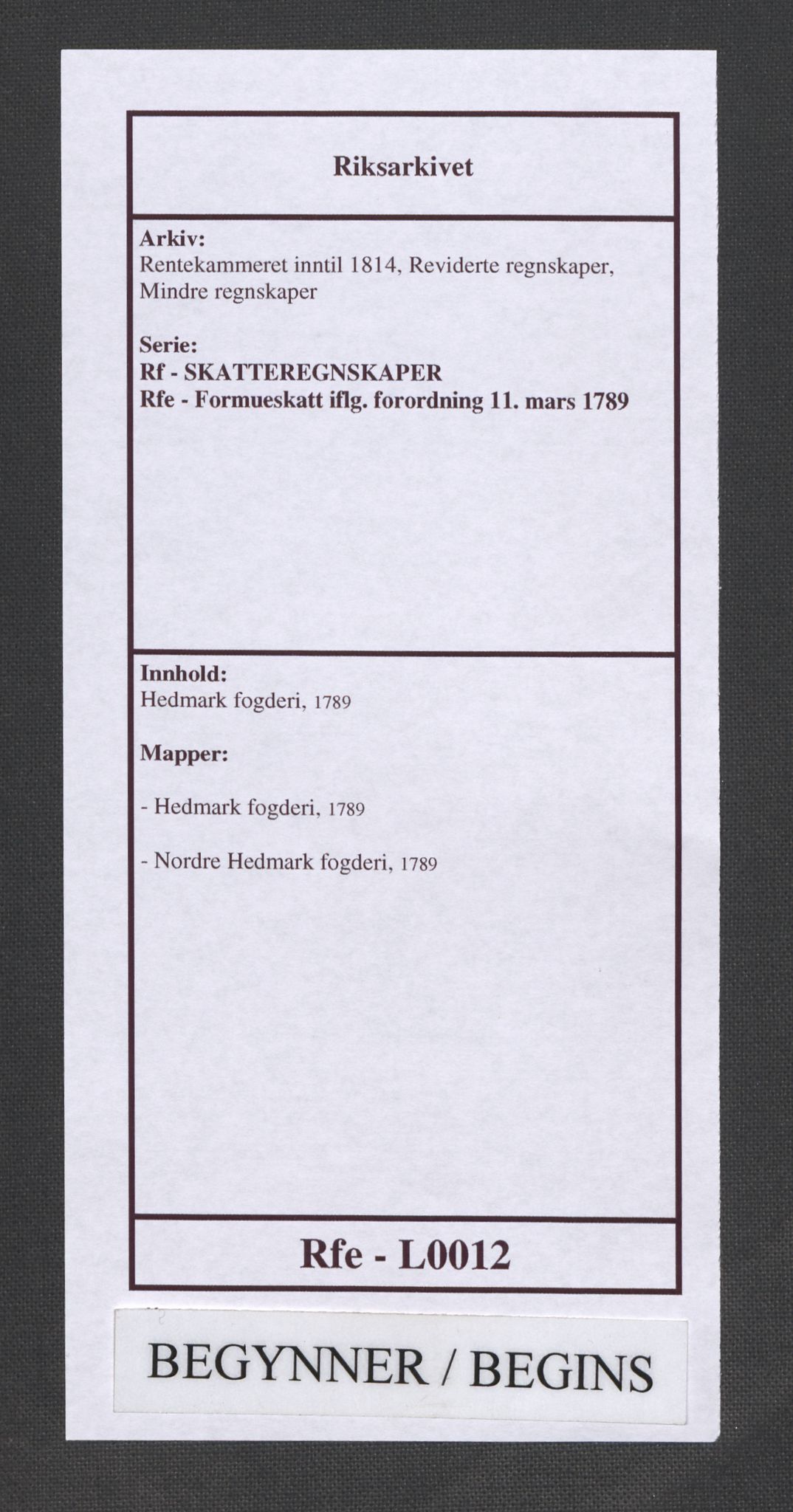 Rentekammeret inntil 1814, Reviderte regnskaper, Mindre regnskaper, RA/EA-4068/Rf/Rfe/L0012: Hedmark fogderi, 1789, s. 1