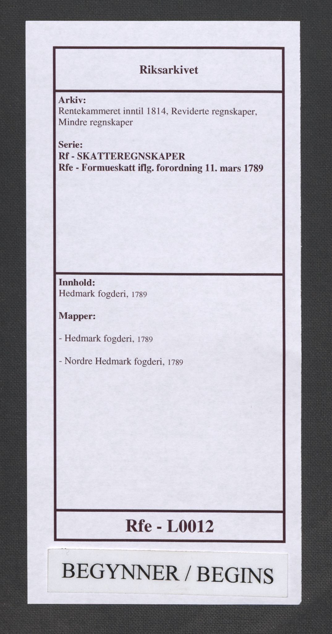 Rentekammeret inntil 1814, Reviderte regnskaper, Mindre regnskaper, AV/RA-EA-4068/Rf/Rfe/L0012: Hedmark fogderi, 1789, s. 1