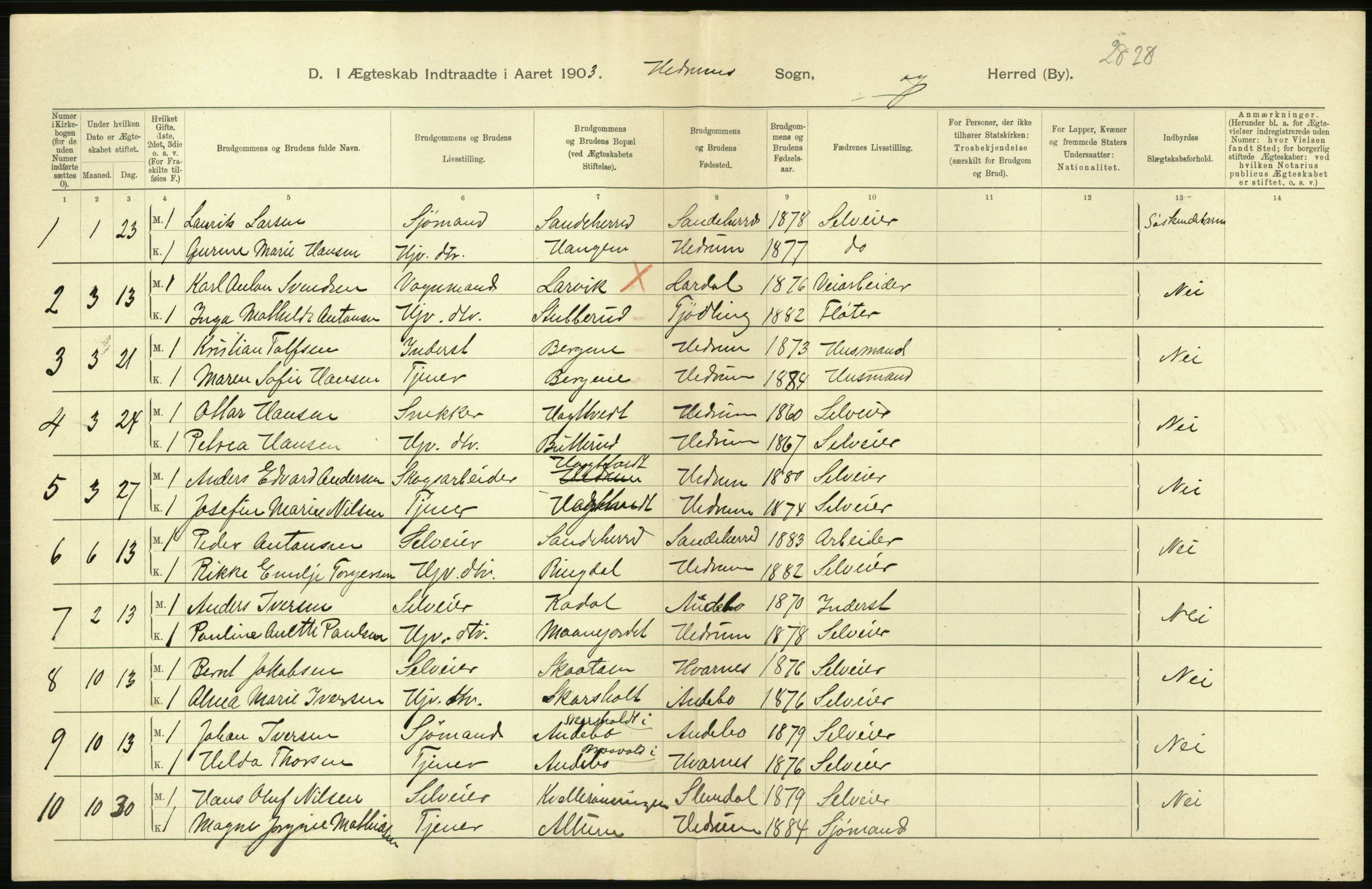 Statistisk sentralbyrå, Sosiodemografiske emner, Befolkning, AV/RA-S-2228/D/Df/Dfa/Dfaa/L0008: Jarlsberg og Larvik amt: Fødte, gifte, døde, 1903, s. 374