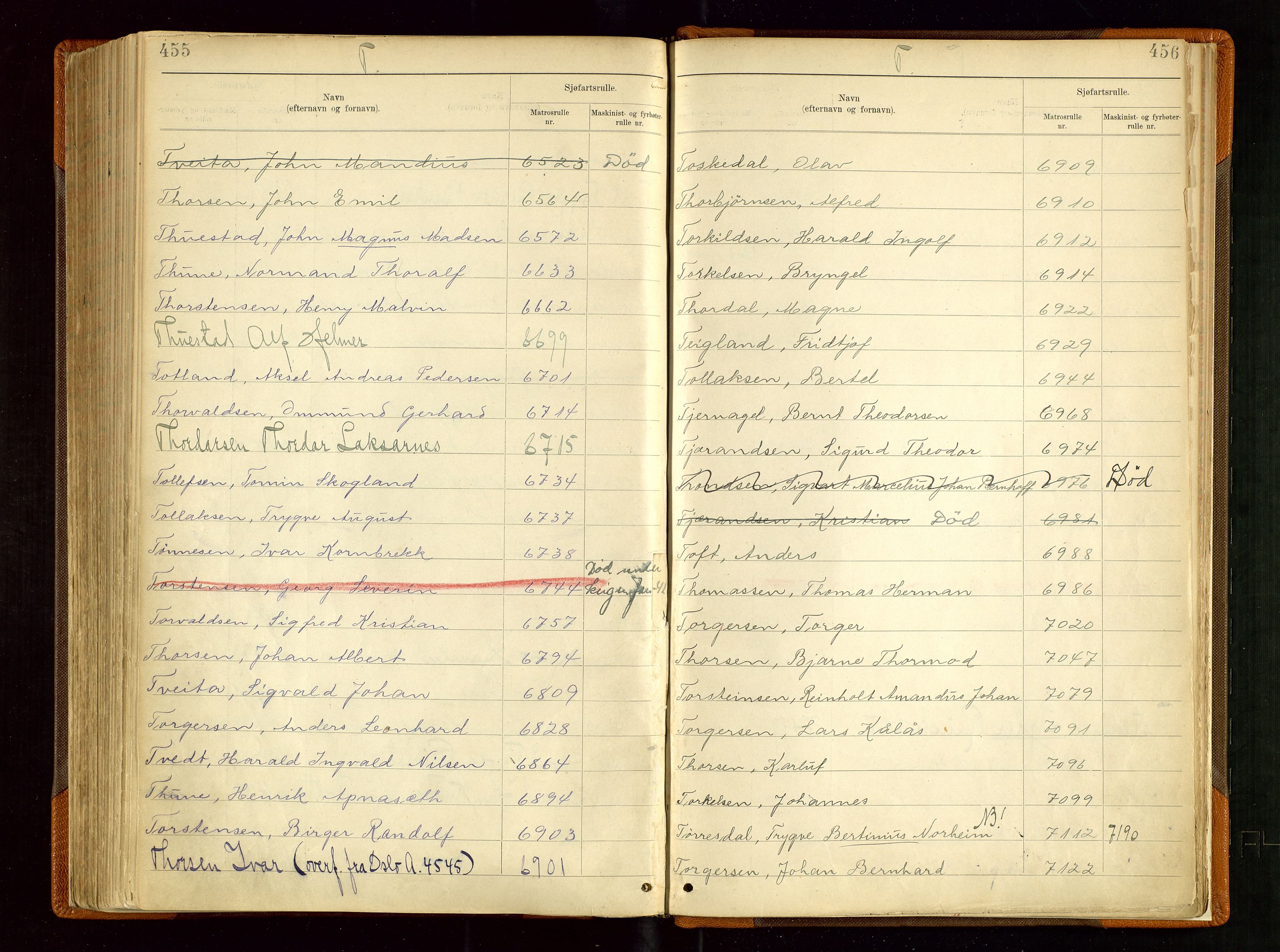 Haugesund sjømannskontor, SAST/A-102007/F/Fb/Fba/L0004: Navneregister med henvisning til rullenummer (etternavn) Haugesund krets, 1860-1948, s. 455-456