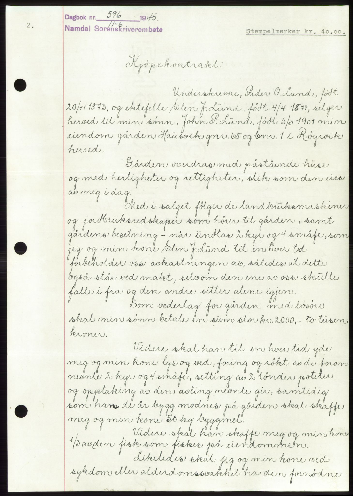 Namdal sorenskriveri, SAT/A-4133/1/2/2C: Pantebok nr. -, 1944-1945, Dagboknr: 596/1945