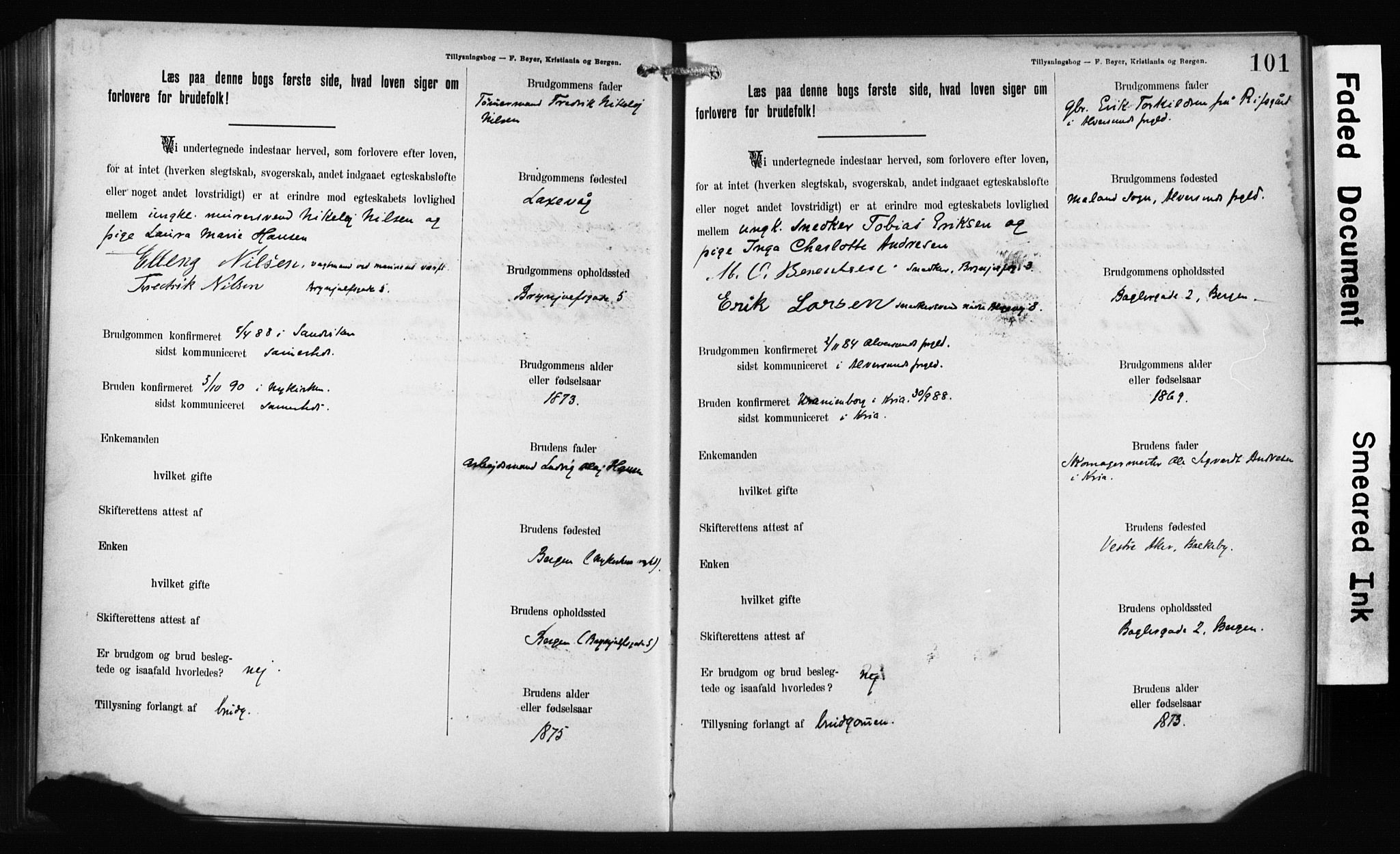 Mariakirken Sokneprestembete, SAB/A-76901: Forlovererklæringer nr. II.5.1, 1891-1901, s. 101