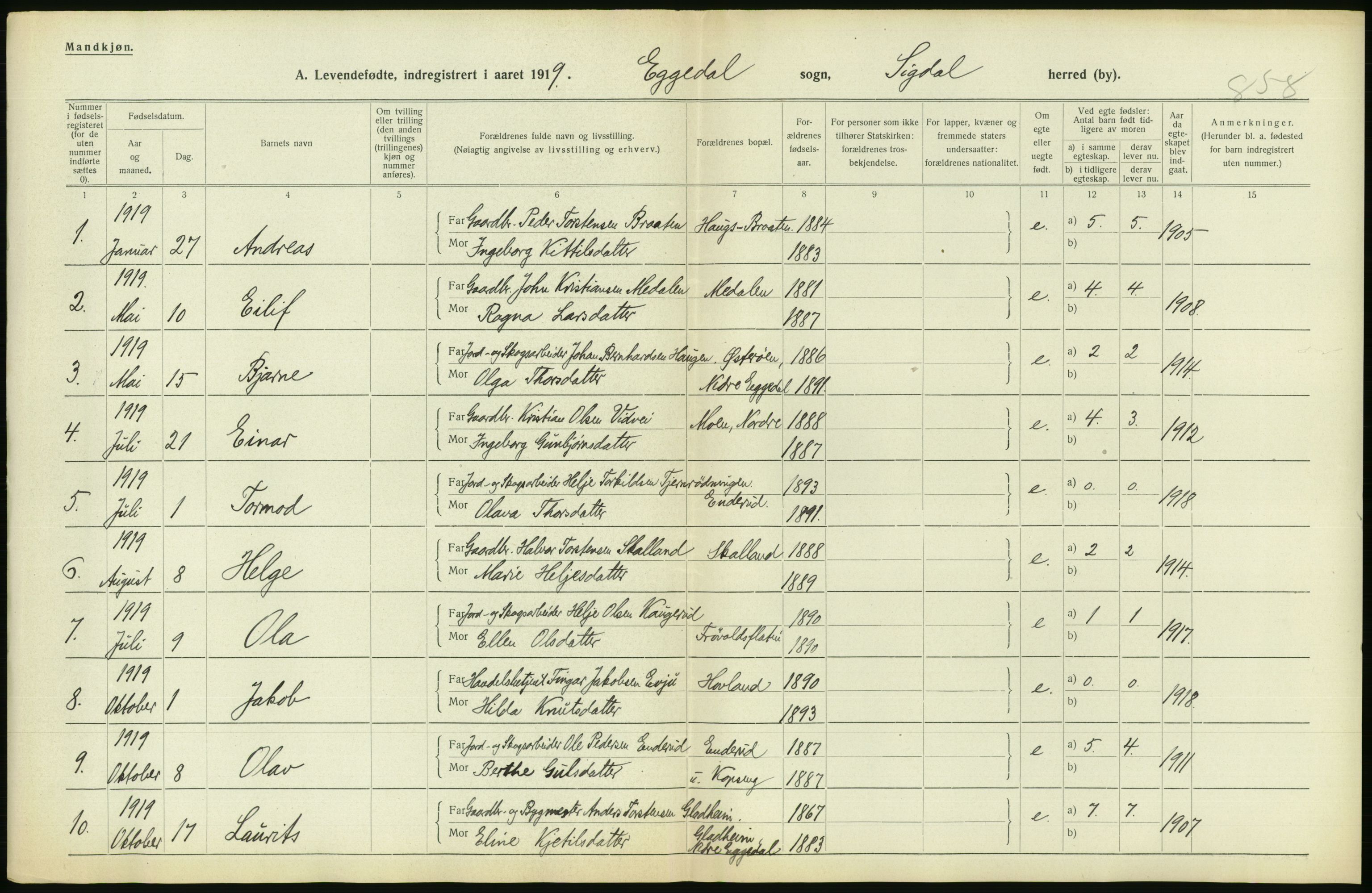 Statistisk sentralbyrå, Sosiodemografiske emner, Befolkning, RA/S-2228/D/Df/Dfb/Dfbi/L0016: Buskerud fylke: Levendefødte menn og kvinner. Bygder., 1919, s. 458