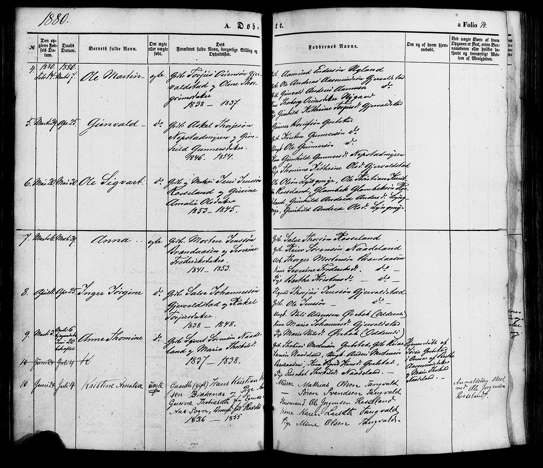 Søgne sokneprestkontor, AV/SAK-1111-0037/F/Fa/Faa/L0002: Ministerialbok nr. A 2, 1854-1882, s. 74