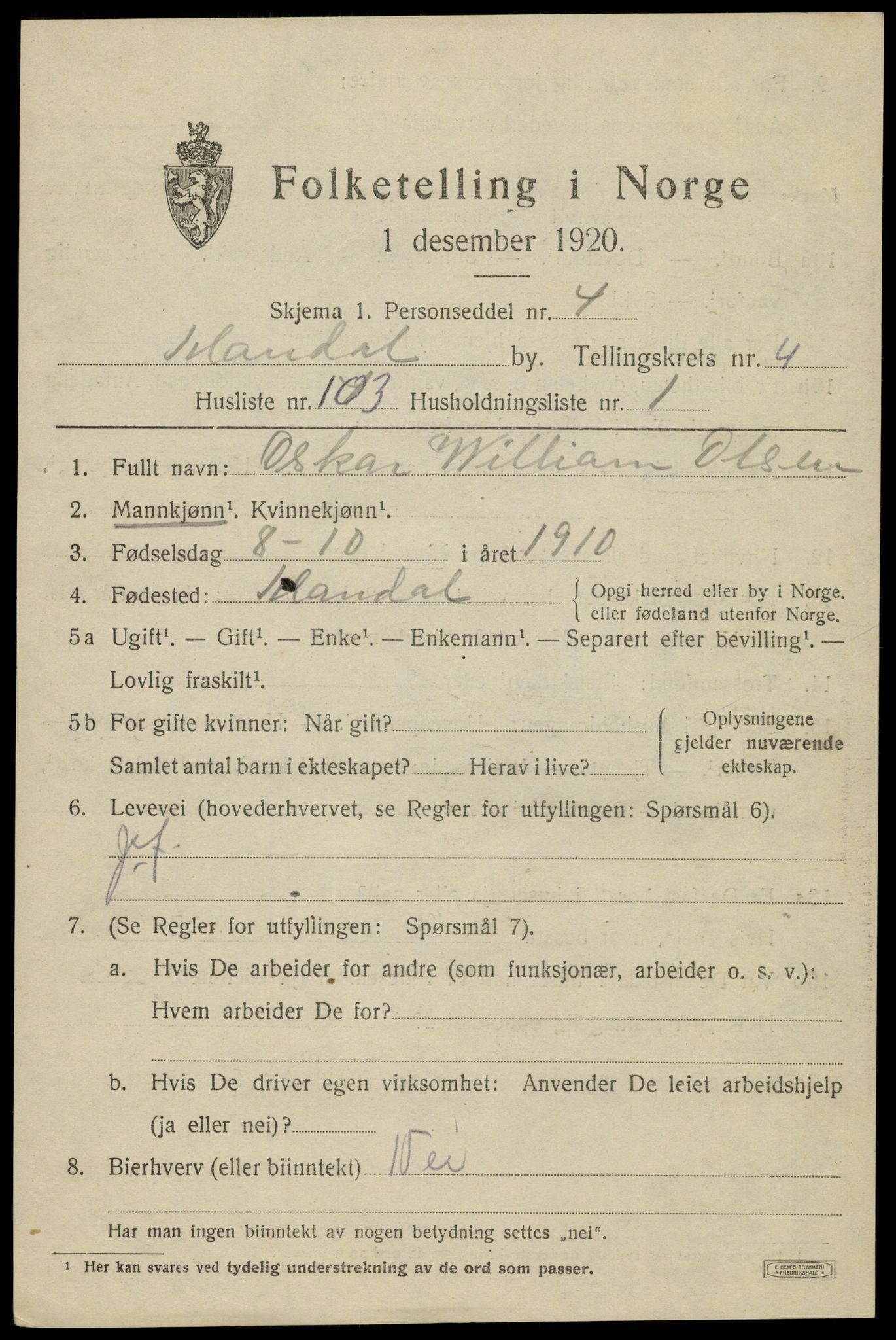 SAK, Folketelling 1920 for 1002 Mandal ladested, 1920, s. 8137