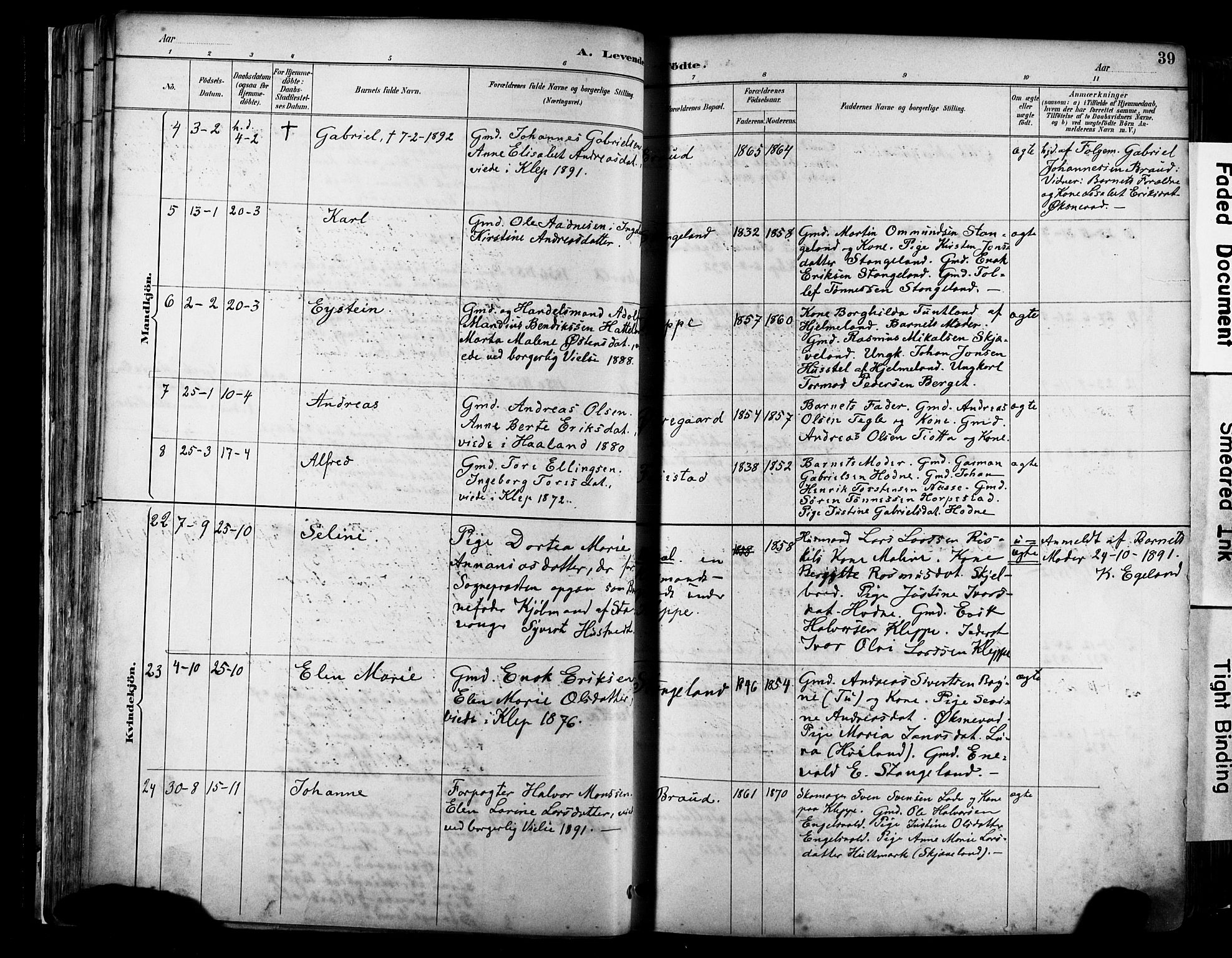 Klepp sokneprestkontor, AV/SAST-A-101803/001/3/30BA/L0009: Ministerialbok nr. A 7, 1886-1915, s. 39