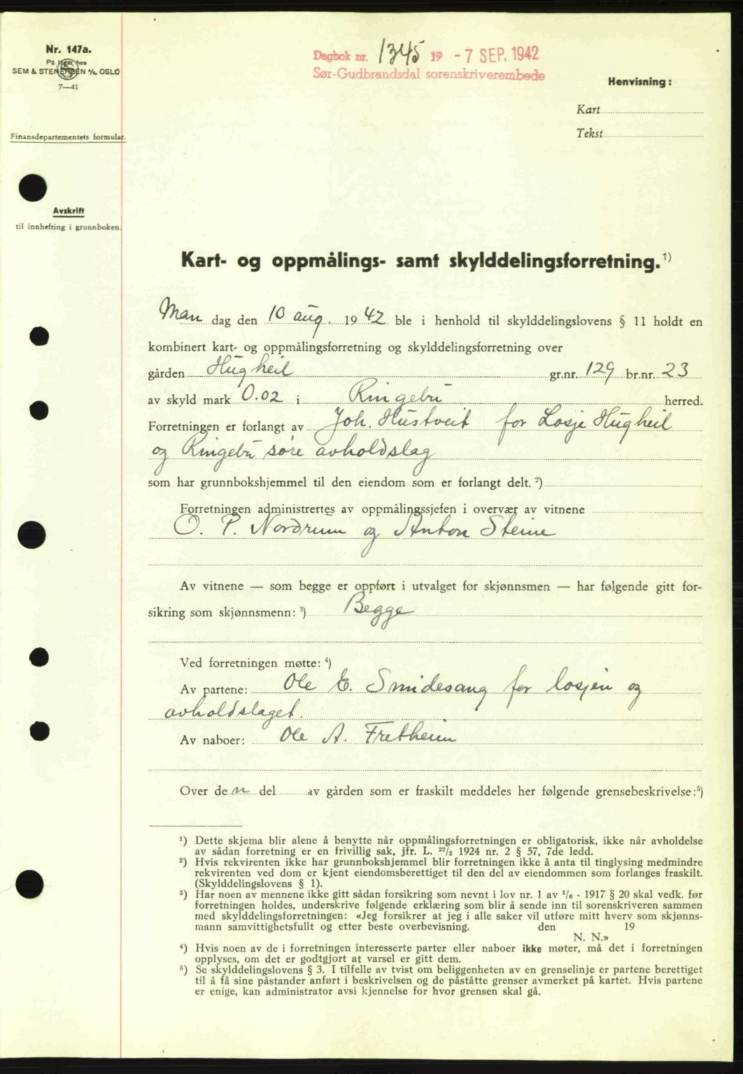 Sør-Gudbrandsdal tingrett, SAH/TING-004/H/Hb/Hbd/L0011: Pantebok nr. A11, 1942-1943, Dagboknr: 1345/1942