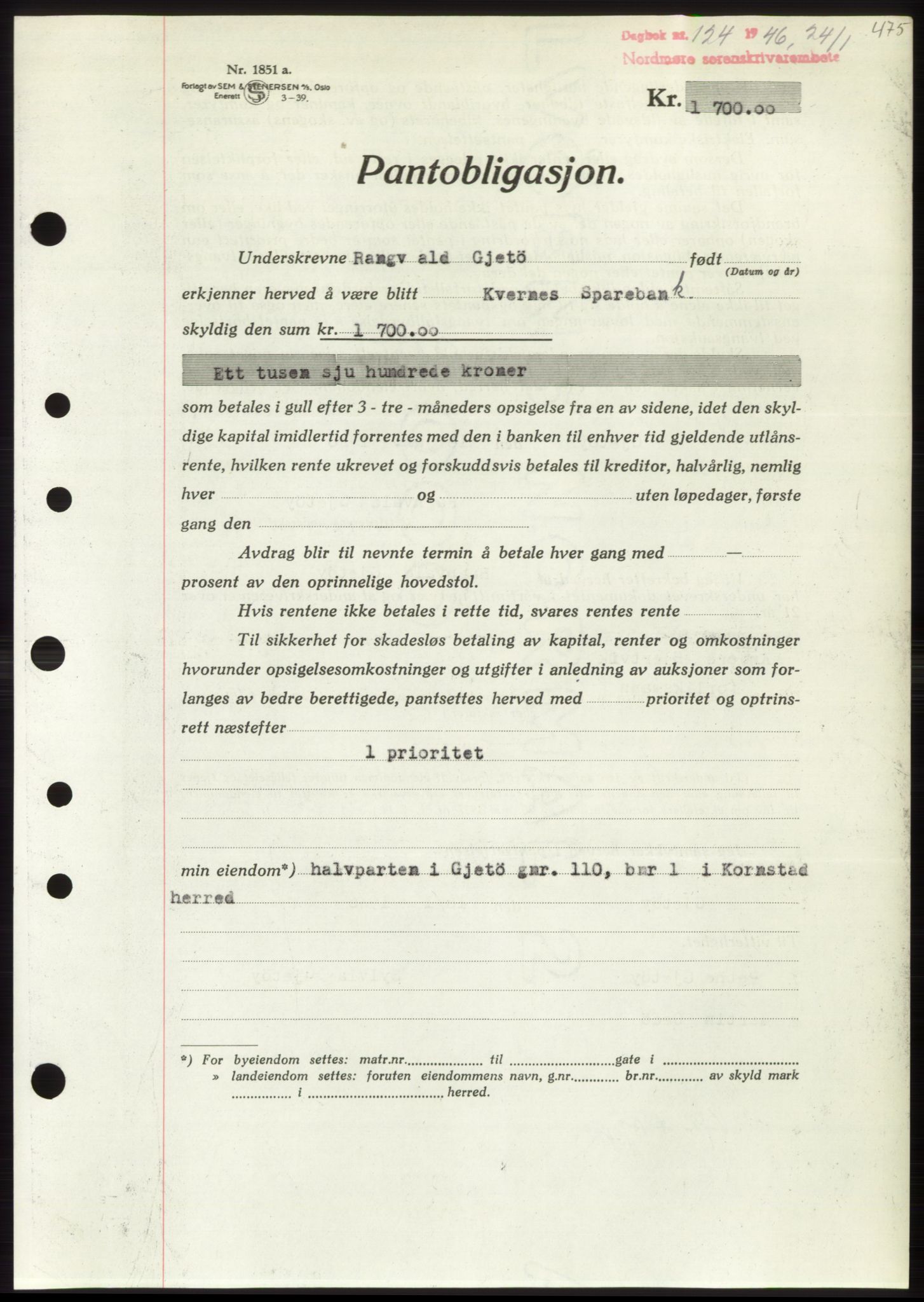 Nordmøre sorenskriveri, AV/SAT-A-4132/1/2/2Ca: Pantebok nr. B93b, 1946-1946, Dagboknr: 124/1946