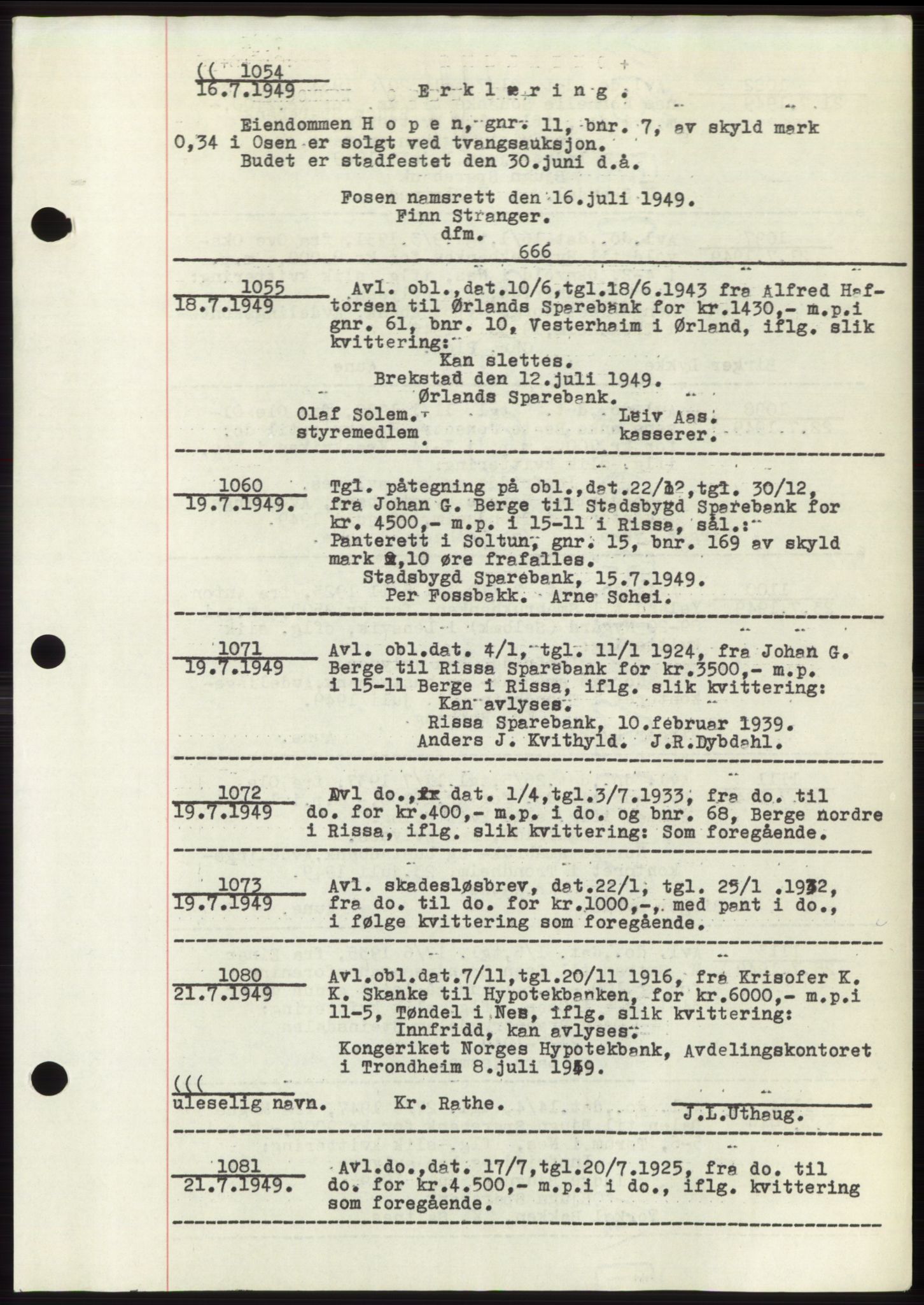 Fosen sorenskriveri, AV/SAT-A-1107/1/2/2C: Pantebok nr. B3, 1948-1950, Dagboknr: 1054/1949