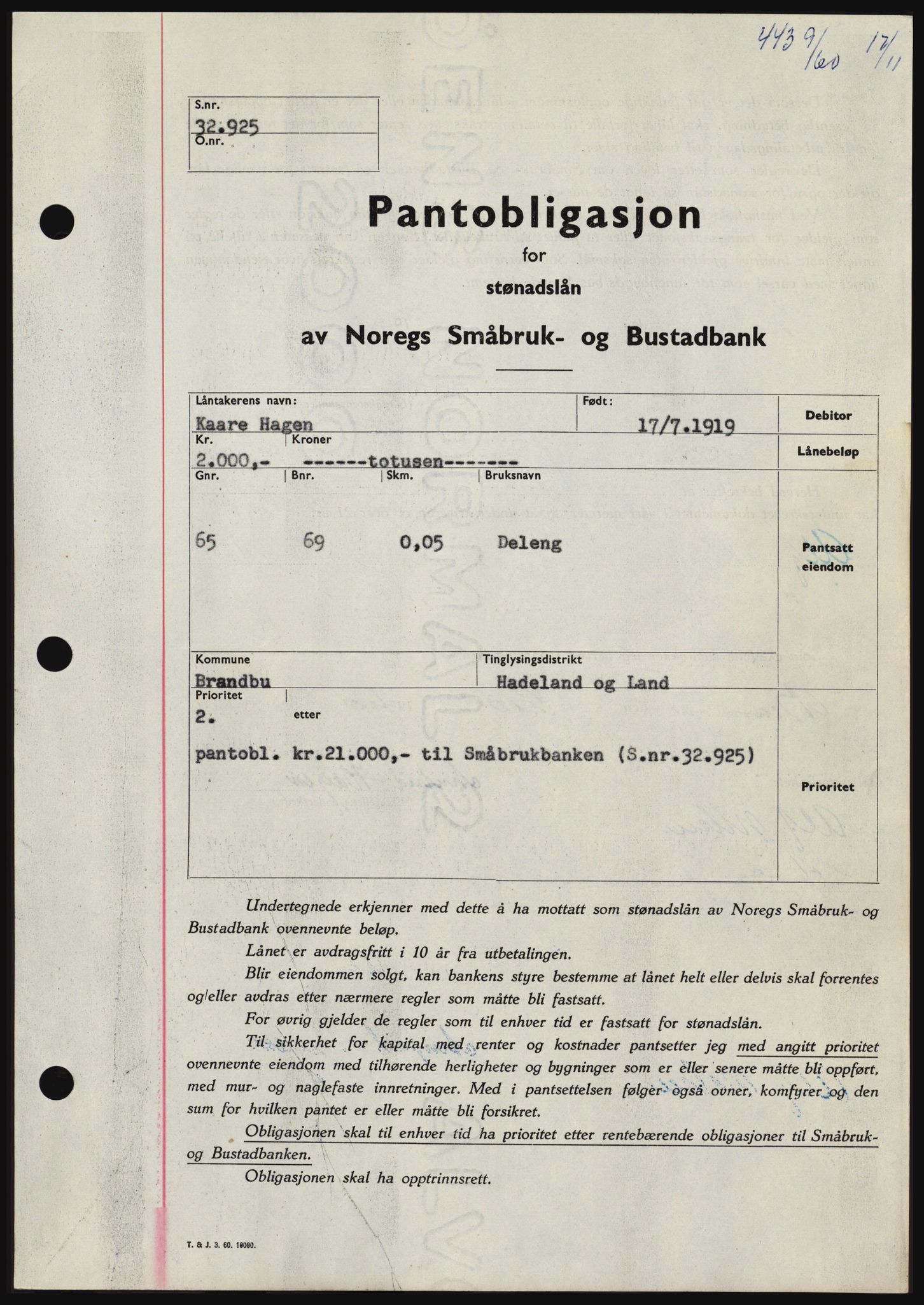 Hadeland og Land tingrett, SAH/TING-010/H/Hb/Hbc/L0044: Pantebok nr. B44, 1960-1961, Dagboknr: 4439/1960