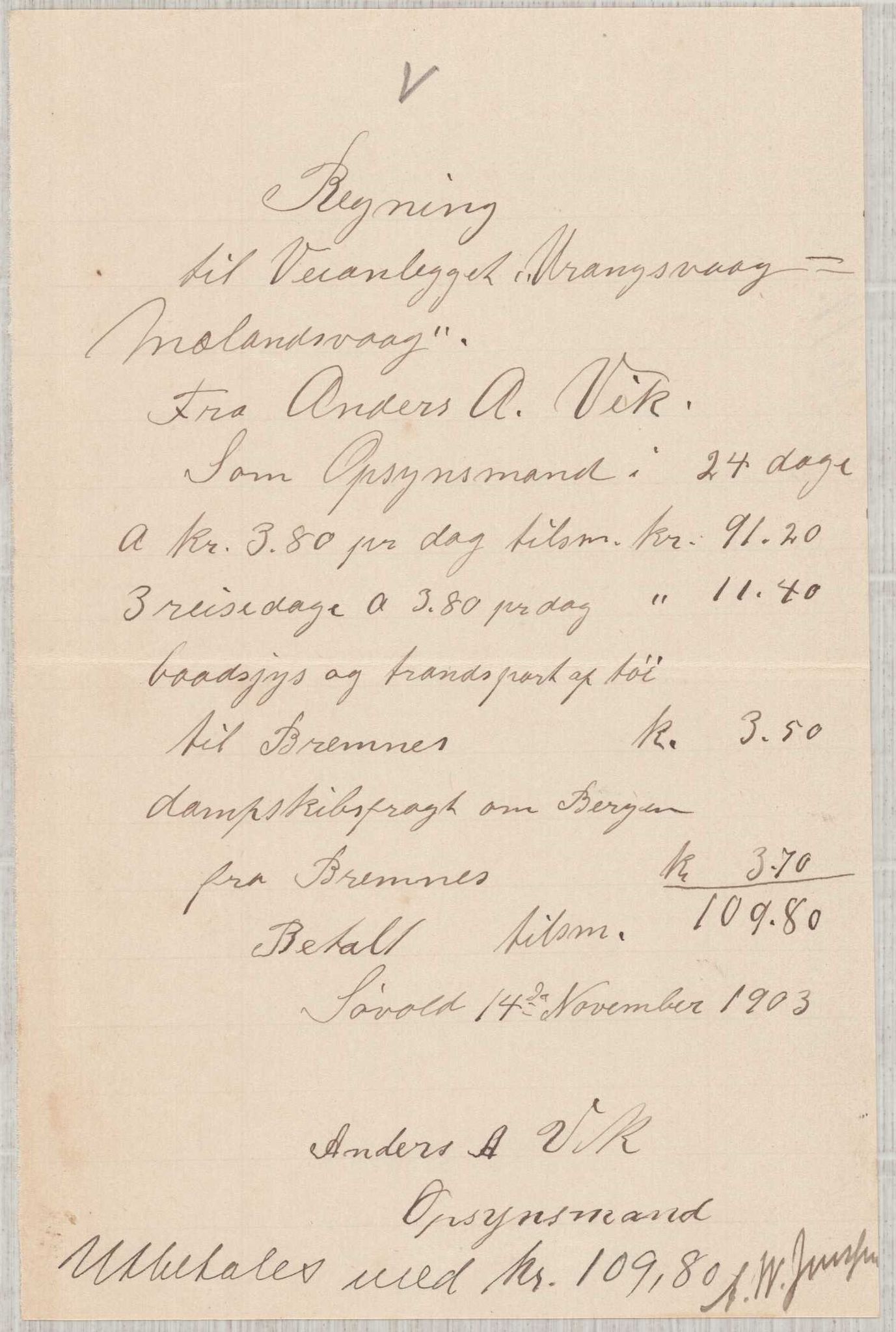 Finnaas kommune. Formannskapet, IKAH/1218a-021/E/Ea/L0002/0002: Rekneskap for veganlegg / Rekneskap for veganlegget Urangsvåg - Mælandsvåg, 1901-1903, s. 155