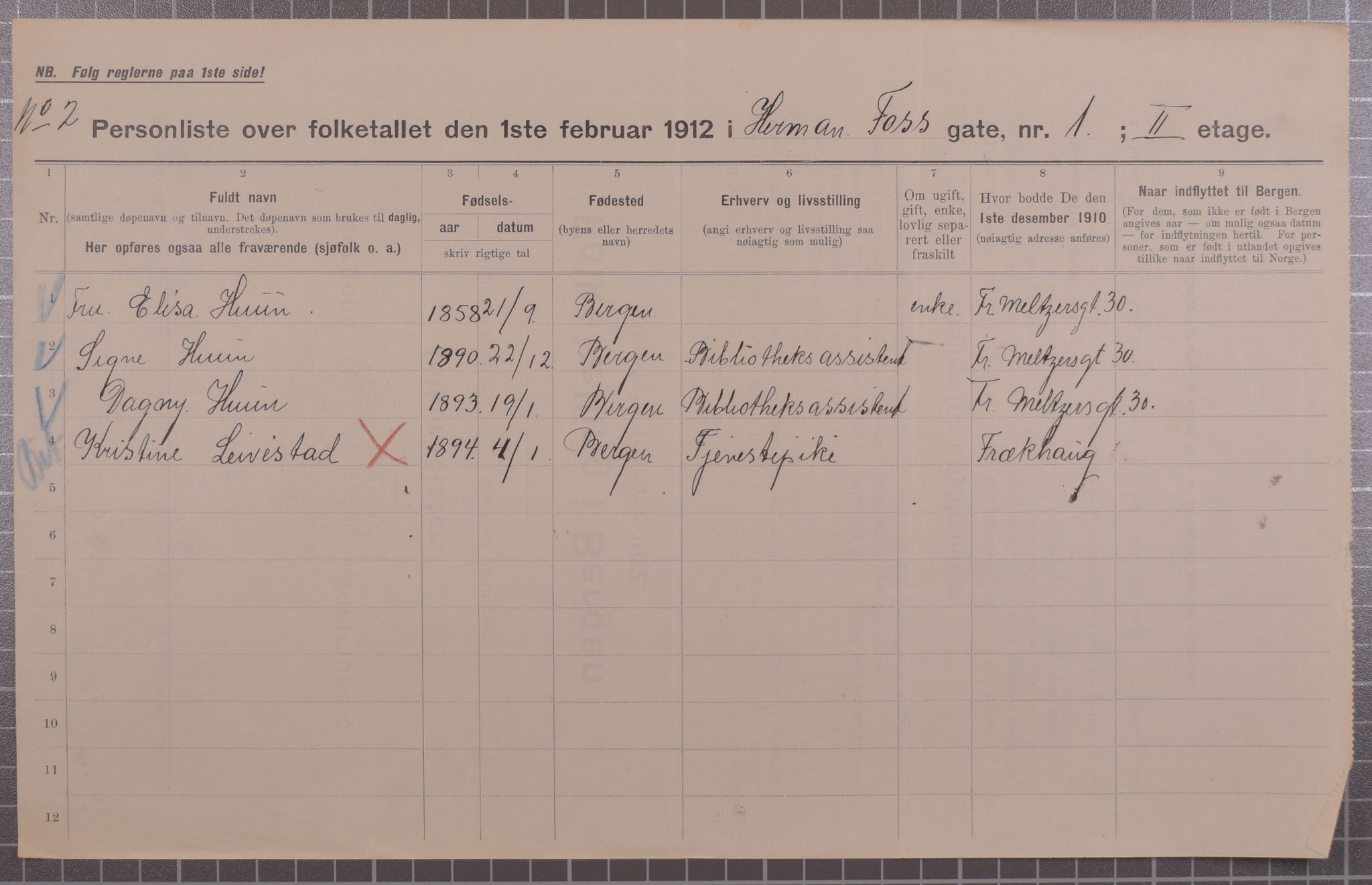 SAB, Kommunal folketelling 1912 for Bergen kjøpstad, 1912, s. 2905