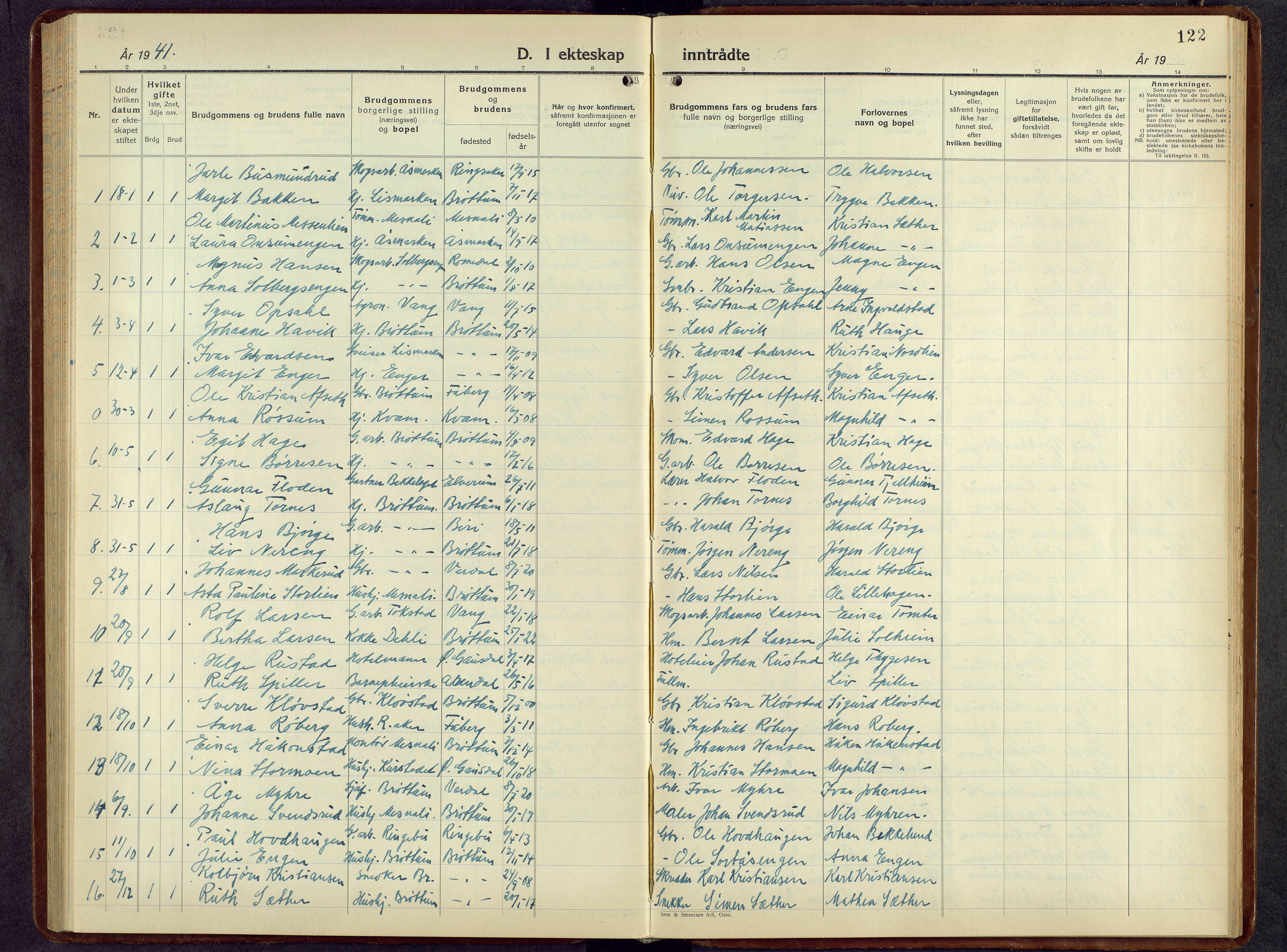 Brøttum prestekontor, SAH/PREST-016/L/La/L0002: Klokkerbok nr. 2, 1940-1958, s. 122