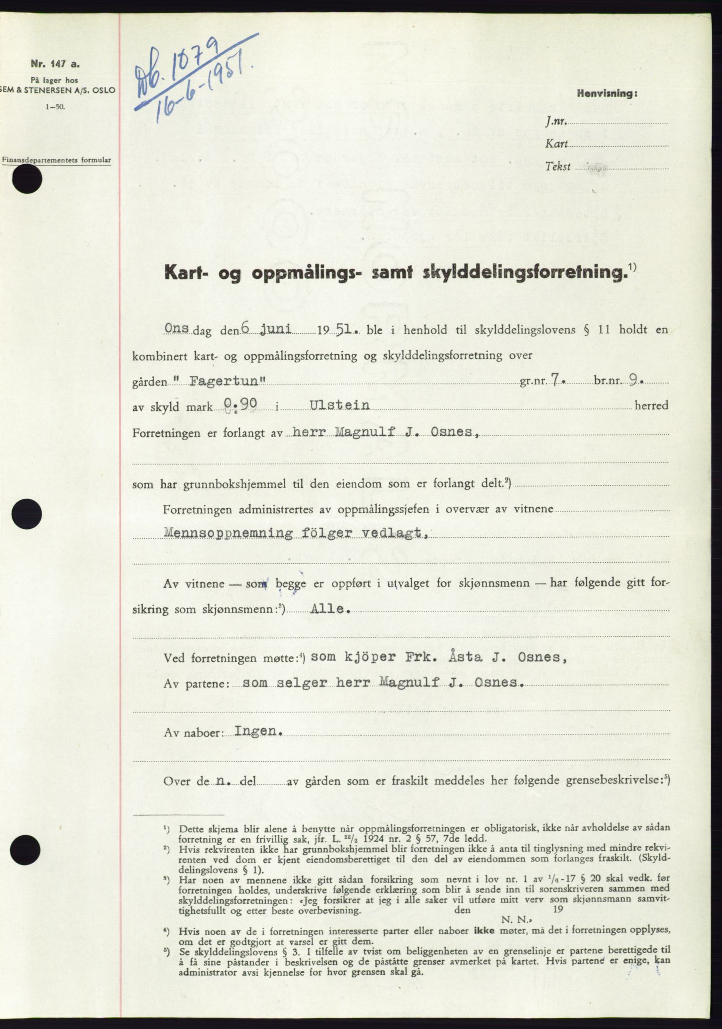 Søre Sunnmøre sorenskriveri, SAT/A-4122/1/2/2C/L0089: Pantebok nr. 15A, 1951-1951, Dagboknr: 1079/1951