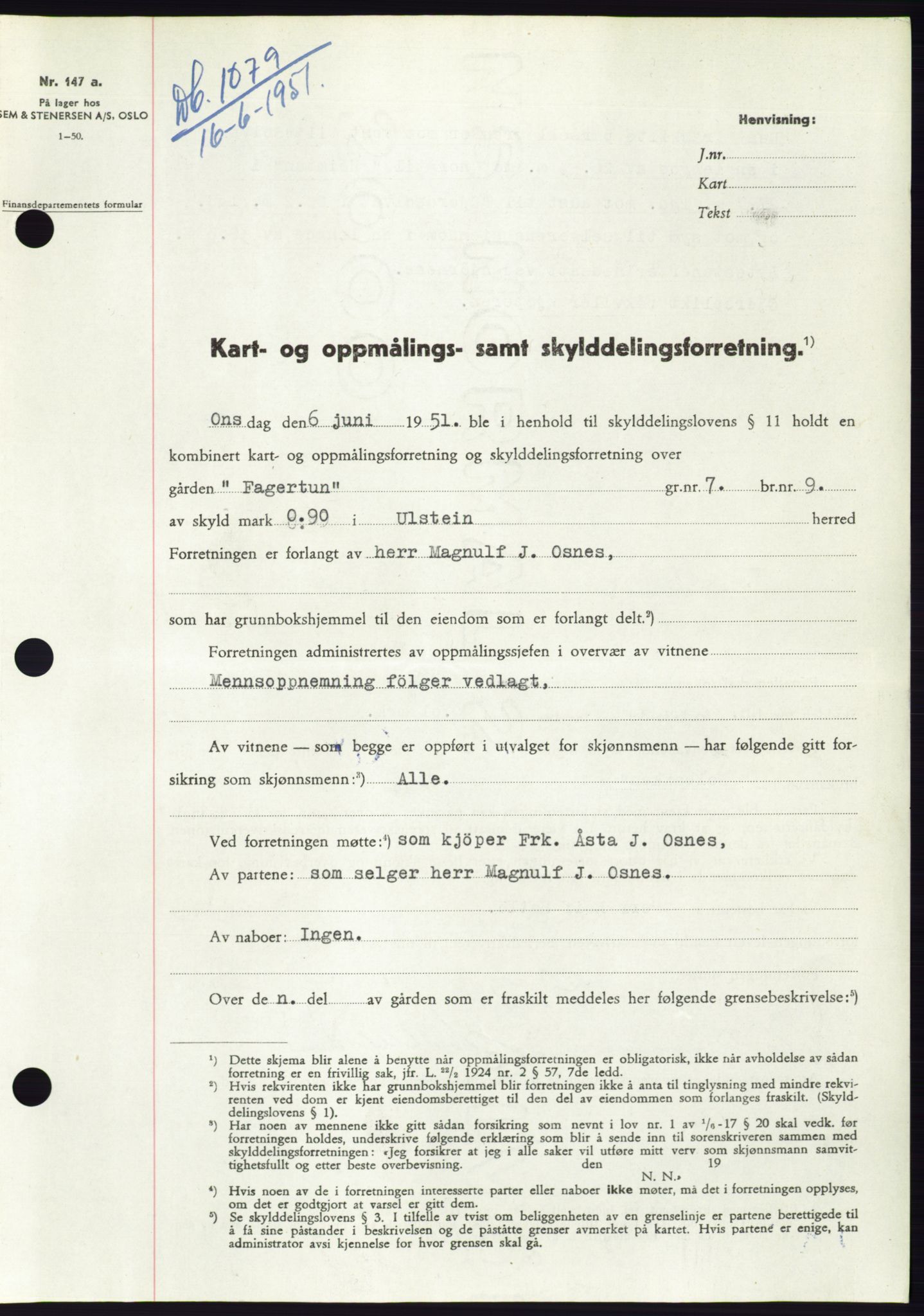 Søre Sunnmøre sorenskriveri, AV/SAT-A-4122/1/2/2C/L0089: Pantebok nr. 15A, 1951-1951, Dagboknr: 1079/1951