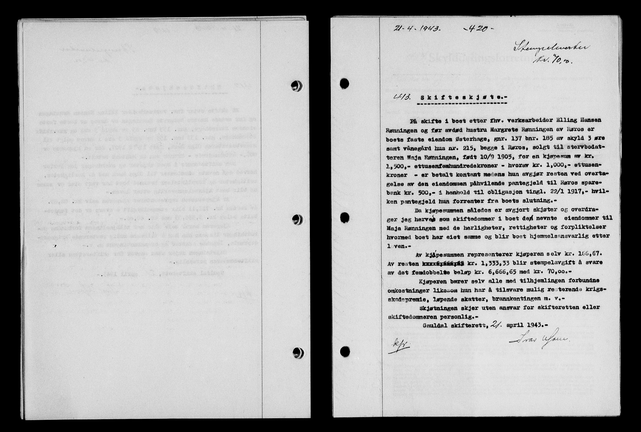 Gauldal sorenskriveri, SAT/A-0014/1/2/2C/L0056: Pantebok nr. 61, 1942-1943, Dagboknr: 413/1943
