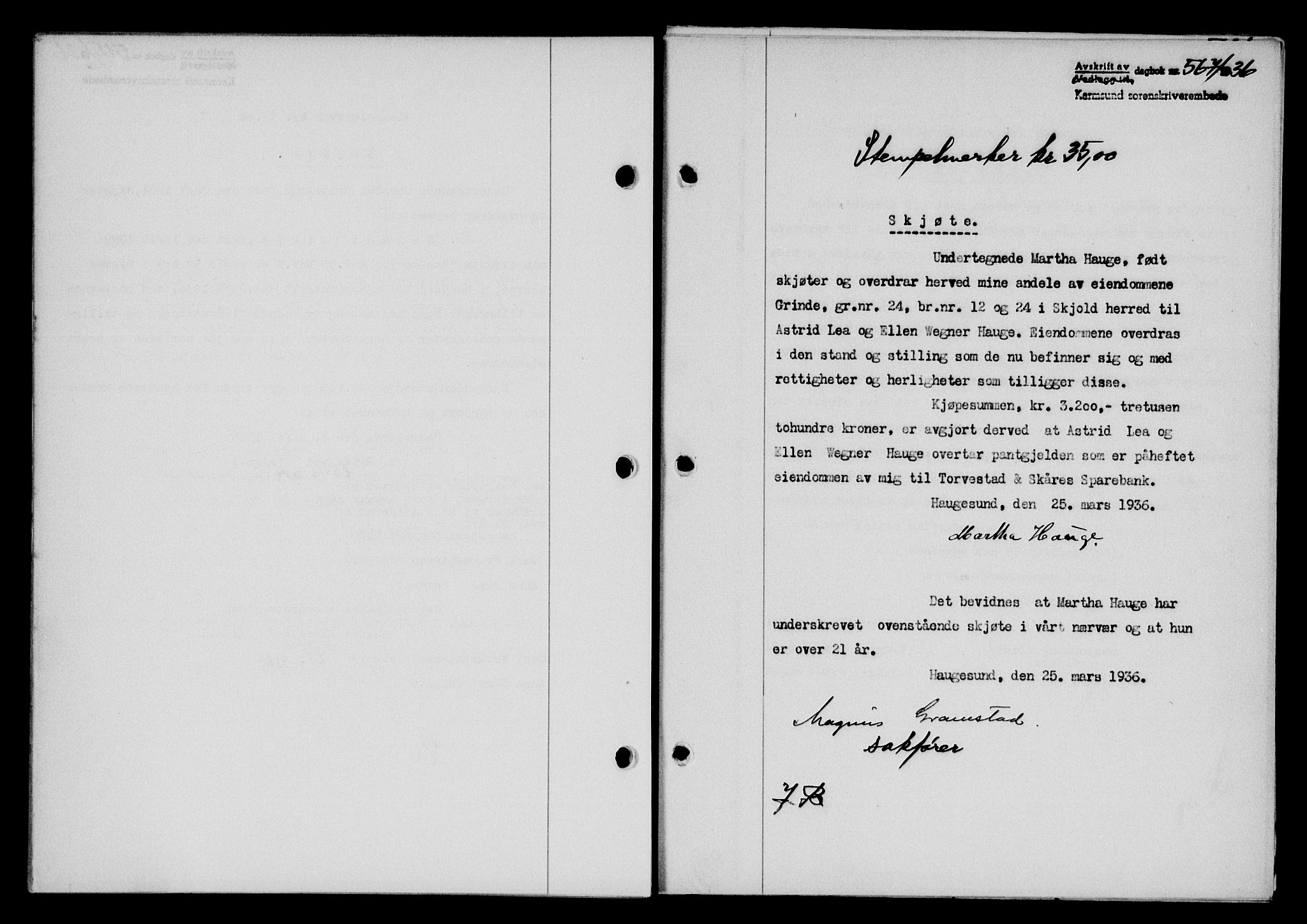 Karmsund sorenskriveri, SAST/A-100311/01/II/IIB/L0066: Pantebok nr. 47A, 1936-1936, Dagboknr: 567/1936