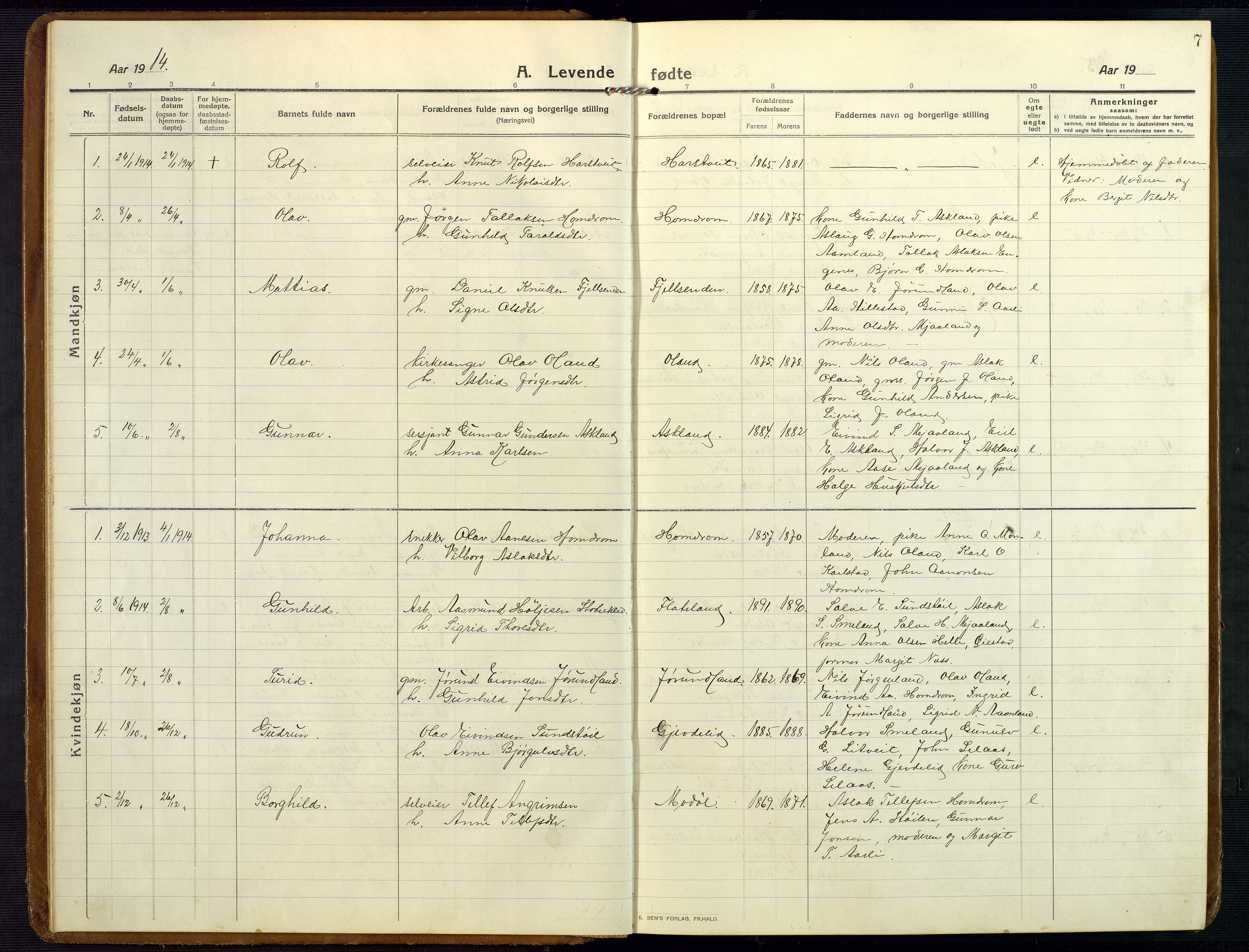 Åmli sokneprestkontor, AV/SAK-1111-0050/F/Fb/Fba/L0003: Klokkerbok nr. B 3, 1912-1974, s. 7