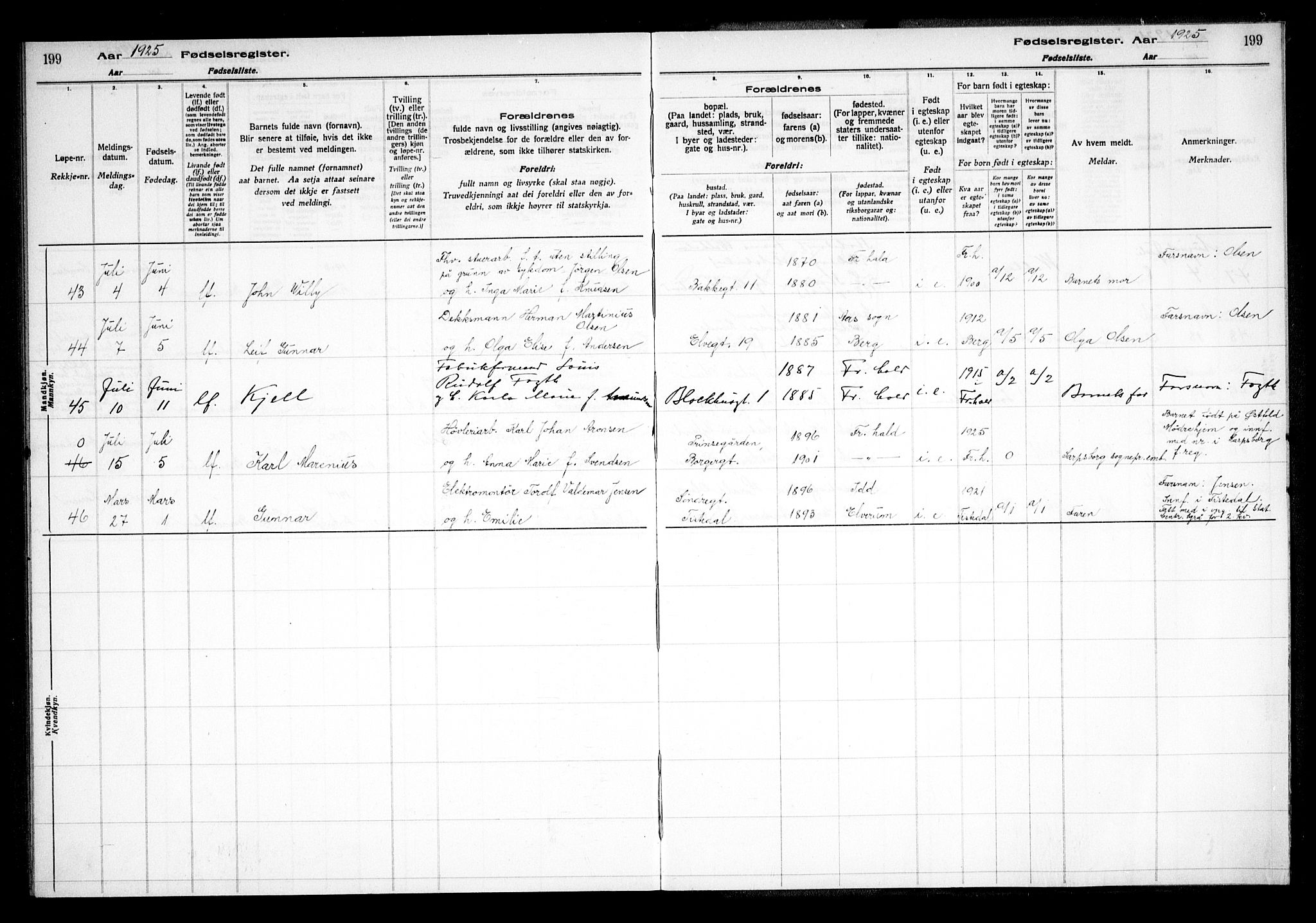 Halden prestekontor Kirkebøker, AV/SAO-A-10909/J/Ja/L0001: Fødselsregister nr. I 1, 1916-1925, s. 199