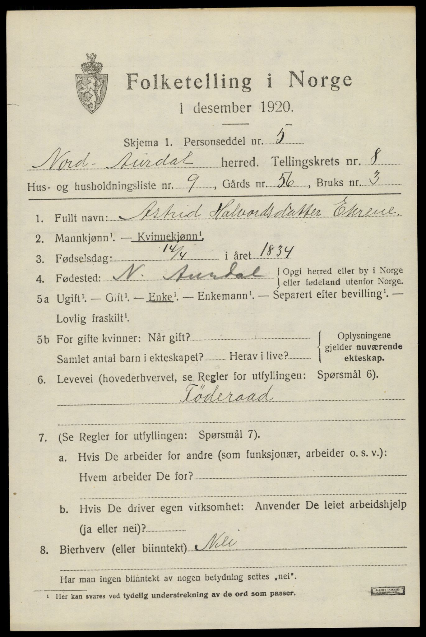 SAH, Folketelling 1920 for 0542 Nord-Aurdal herred, 1920, s. 6852