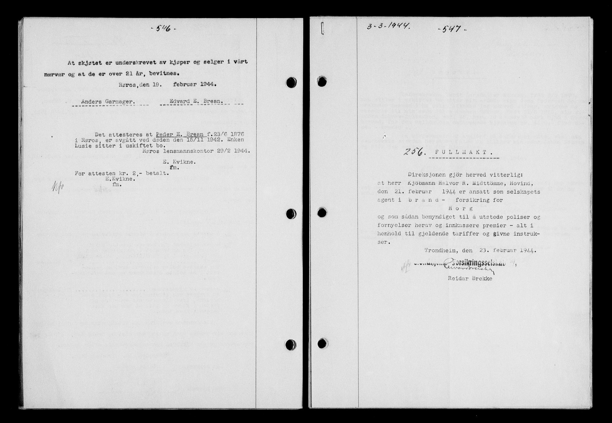 Gauldal sorenskriveri, SAT/A-0014/1/2/2C/L0057: Pantebok nr. 62, 1943-1944, Dagboknr: 256/1944