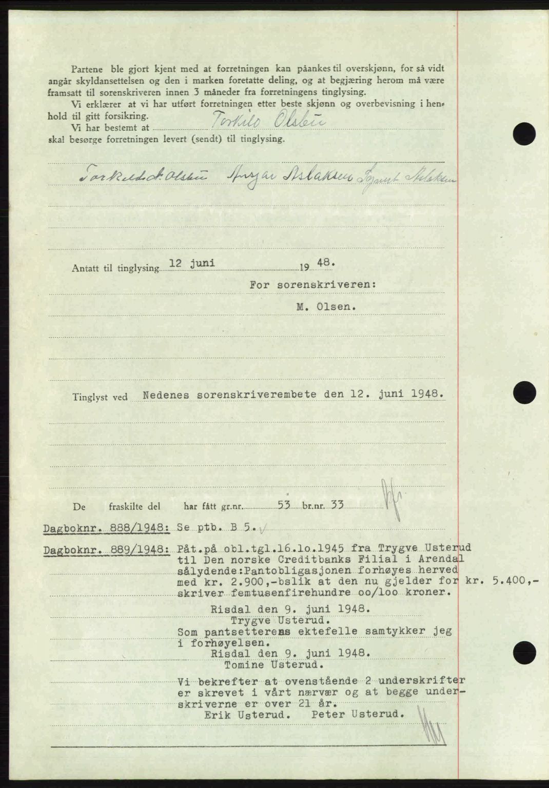 Nedenes sorenskriveri, AV/SAK-1221-0006/G/Gb/Gba/L0059: Pantebok nr. A11, 1948-1948, Dagboknr: 887/1948