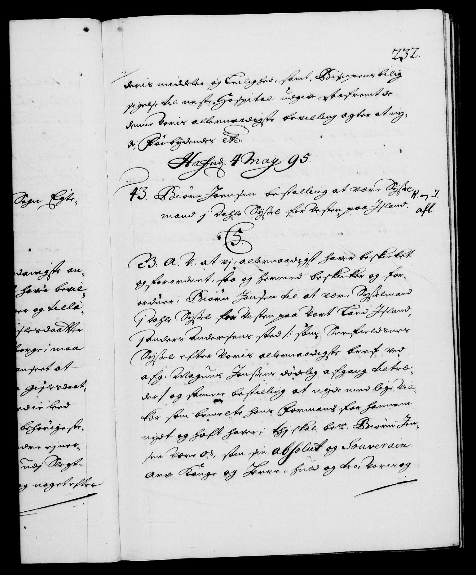 Danske Kanselli 1572-1799, RA/EA-3023/F/Fc/Fca/Fcaa/L0016: Norske registre (mikrofilm), 1692-1697, s. 232a