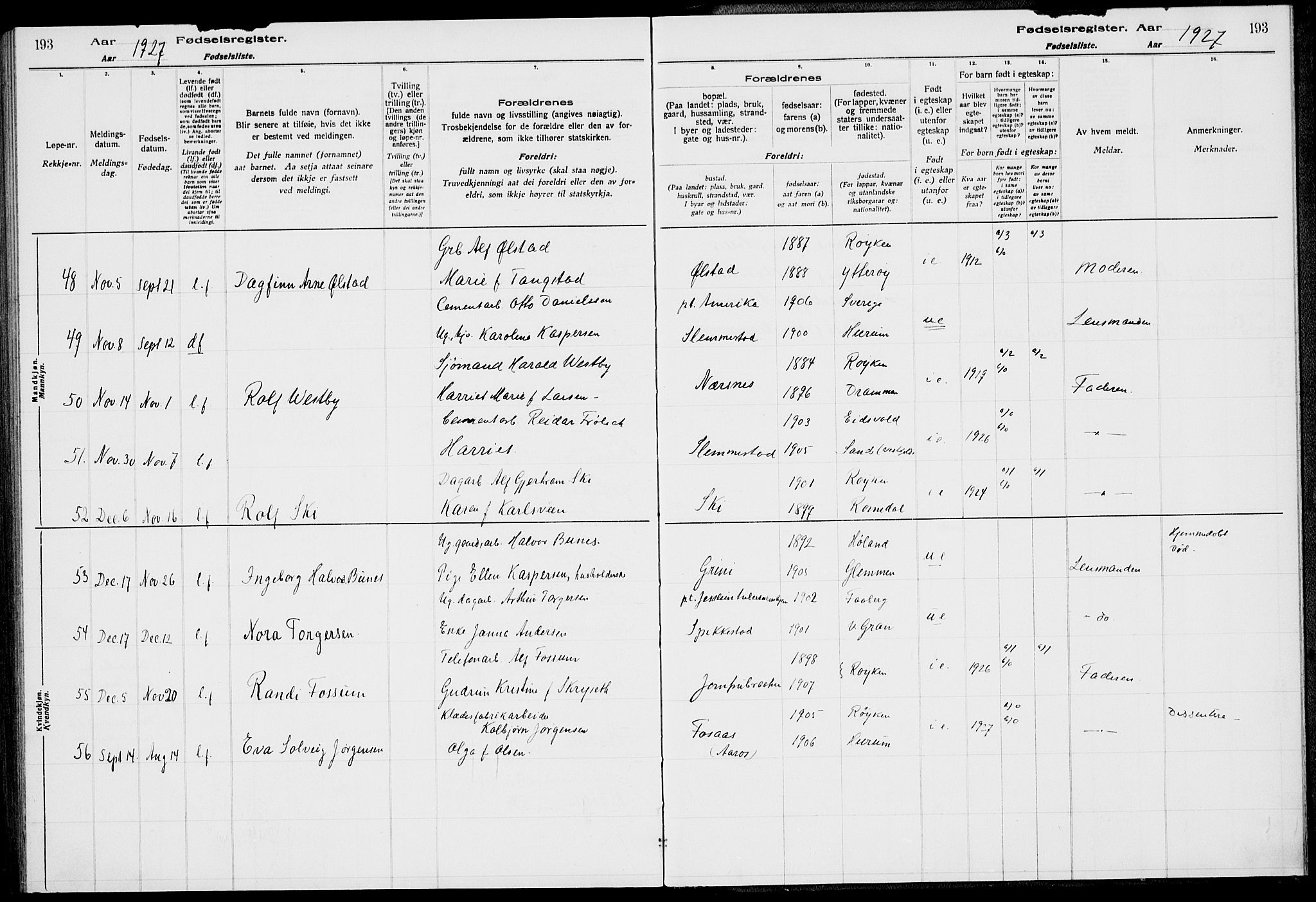 Røyken kirkebøker, AV/SAKO-A-241/J/Ja/L0001: Fødselsregister nr. 1, 1916-1927, s. 193