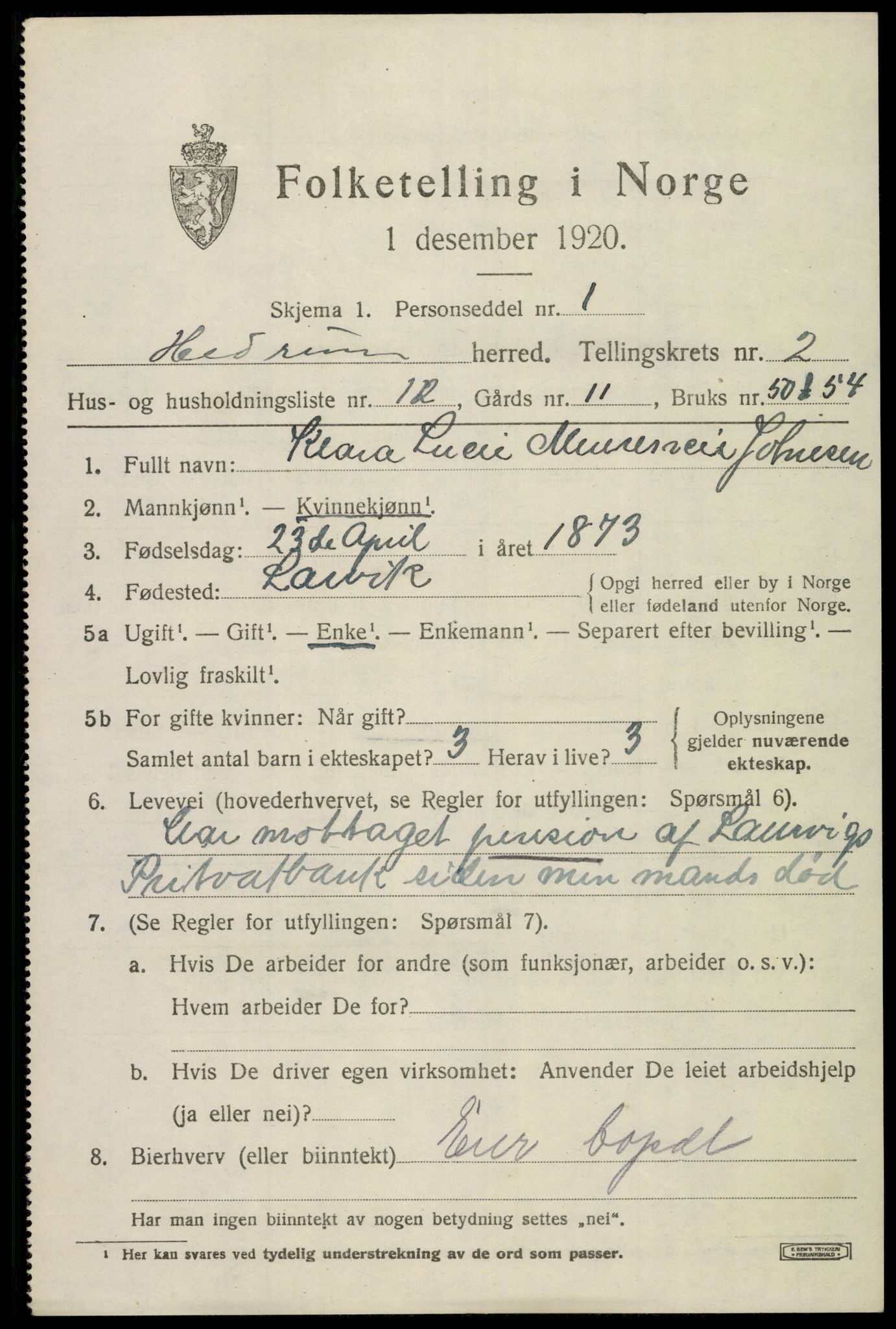 SAKO, Folketelling 1920 for 0727 Hedrum herred, 1920, s. 2543